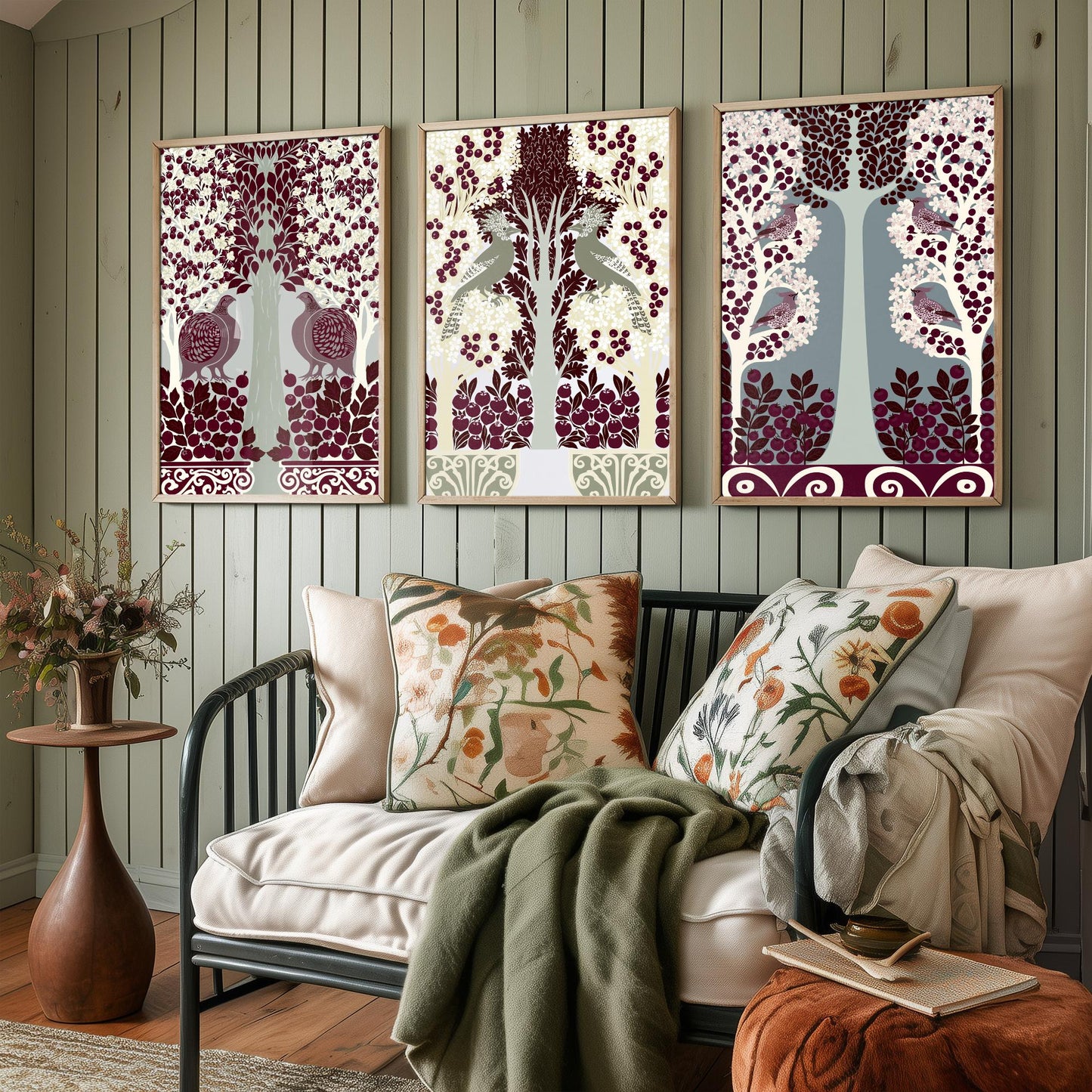 Scottish Book of the Woodlands Art Prints - Set of Three Burgundy & Sage Forest Posters - Partridge and Peacock Paintings V11
