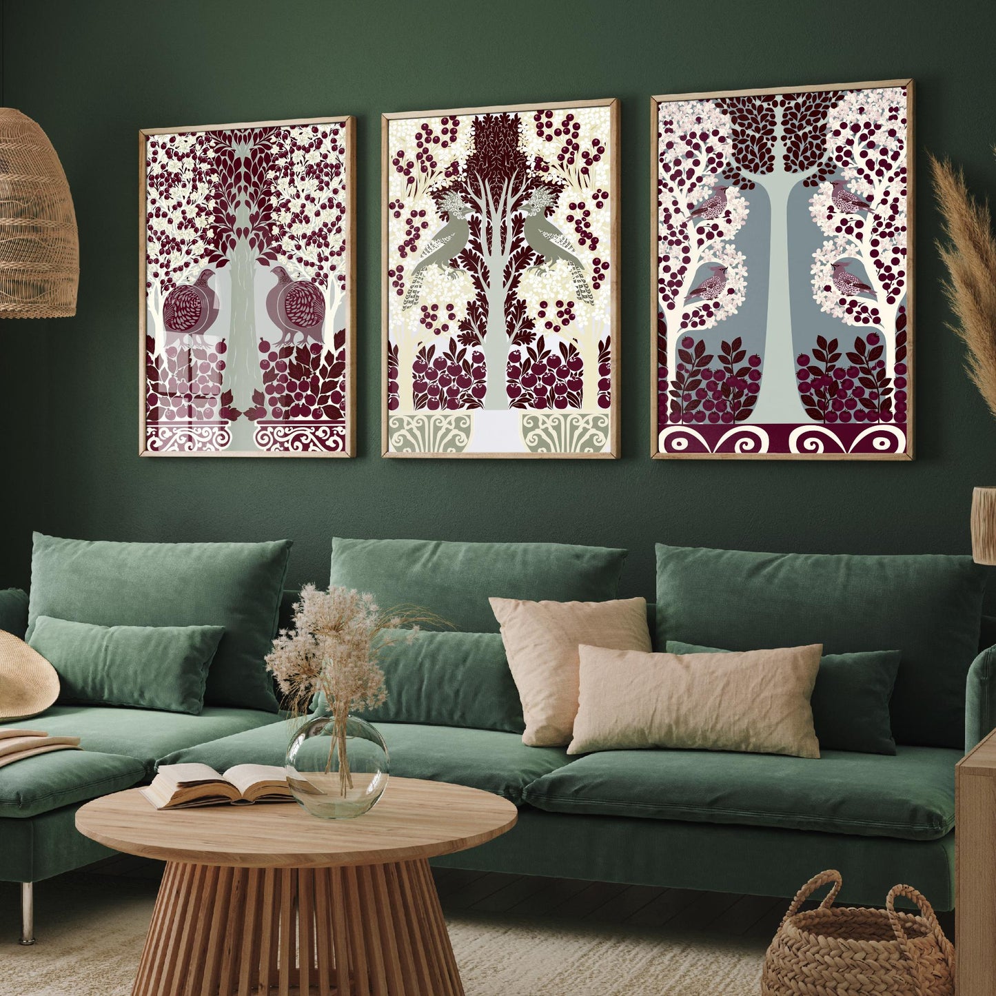 Scottish Book of the Woodlands Art Prints - Set of Three Burgundy & Sage Forest Posters - Partridge and Peacock Paintings V11