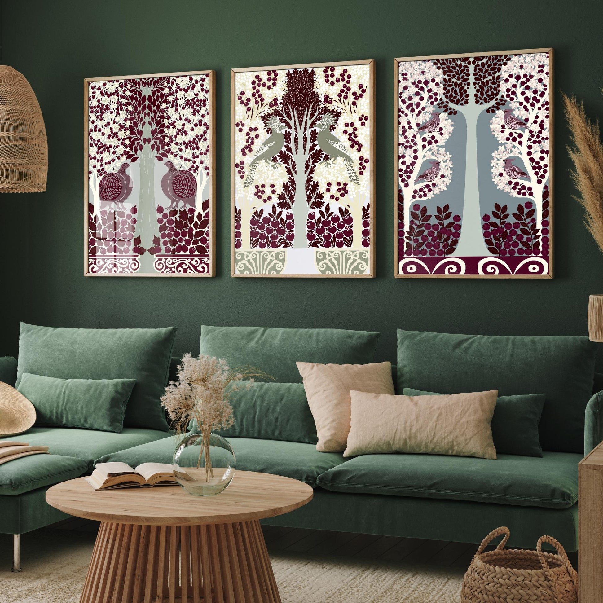 Scottish Book of the Woodlands Art Prints - Set of Three Burgundy & Sage Forest Posters - Partridge and Peacock Paintings V11