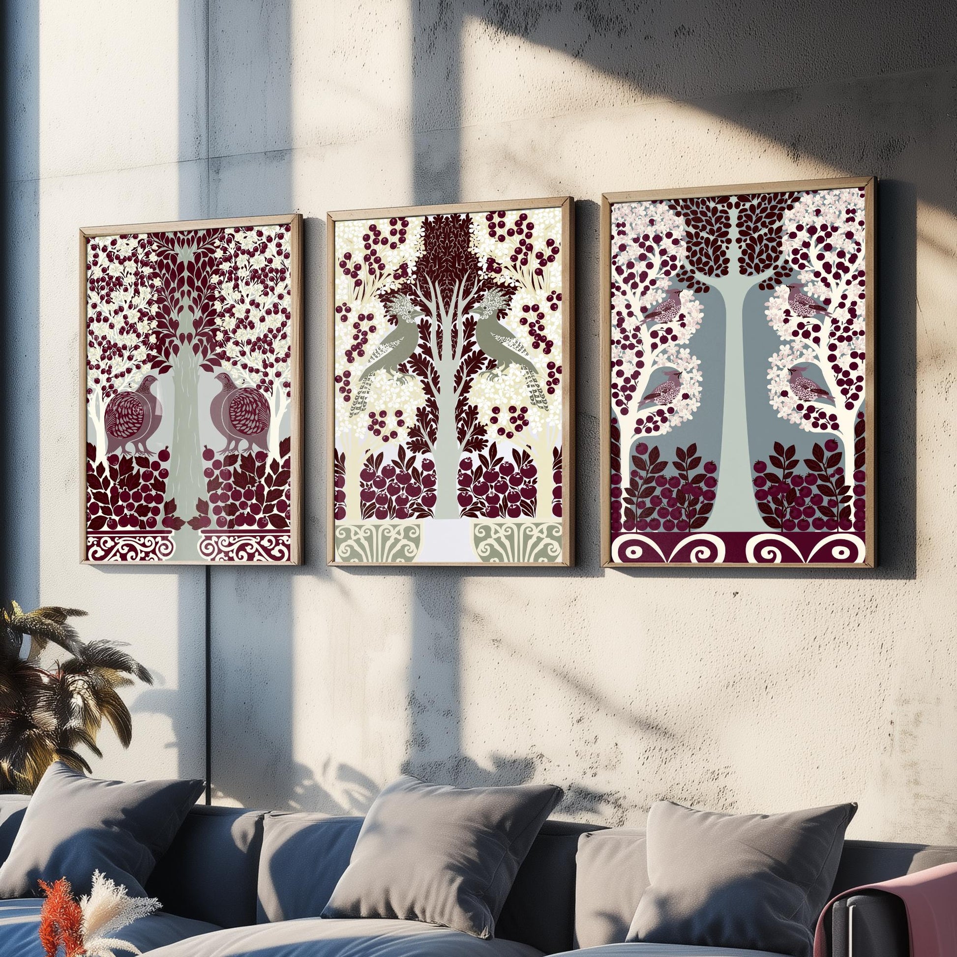 Scottish Book of the Woodlands Art Prints - Set of Three Burgundy & Sage Forest Posters - Partridge and Peacock Paintings V11