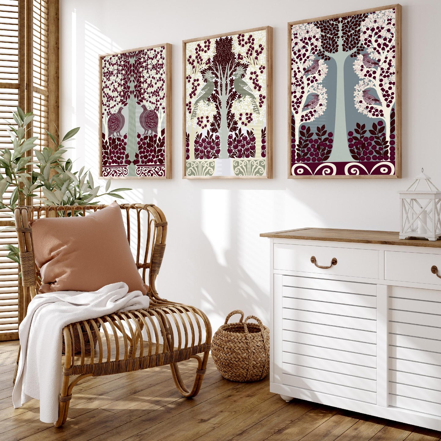 Scottish Book of the Woodlands Art Prints - Set of Three Burgundy & Sage Forest Posters - Partridge and Peacock Paintings V11