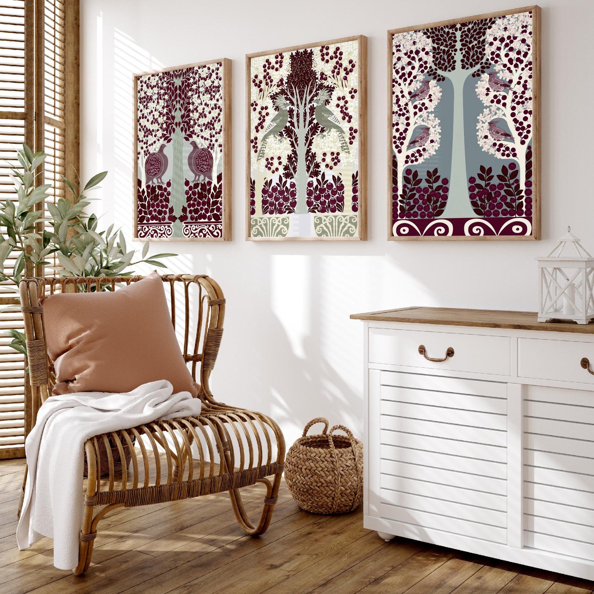Scottish Book of the Woodlands Art Prints - Set of Three Burgundy & Sage Forest Posters - Partridge and Peacock Paintings V11