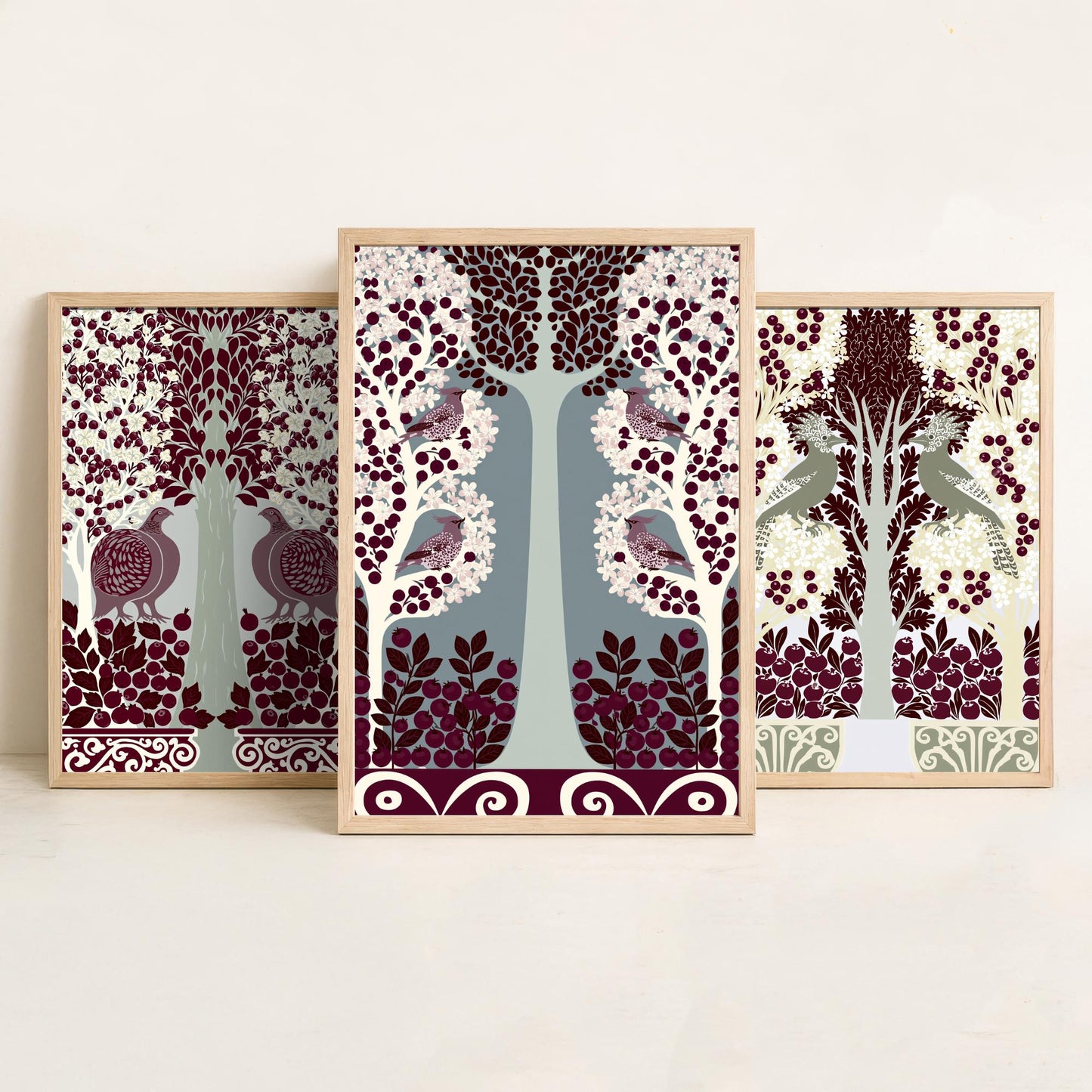 Scottish Book of the Woodlands Art Prints - Set of Three Burgundy & Sage Forest Posters - Partridge and Peacock Paintings V11