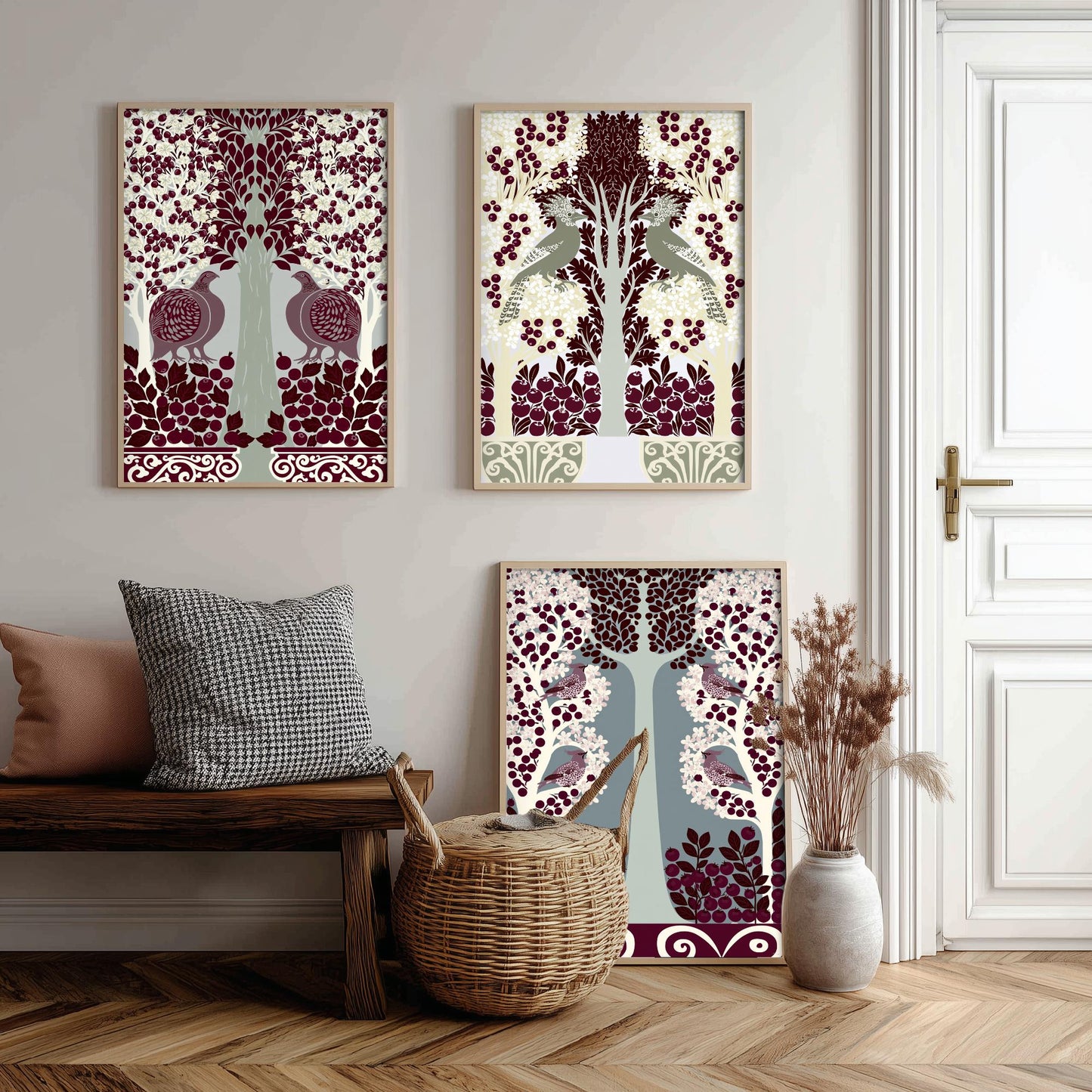 Scottish Book of the Woodlands Art Prints - Set of Three Burgundy & Sage Forest Posters - Partridge and Peacock Paintings V11
