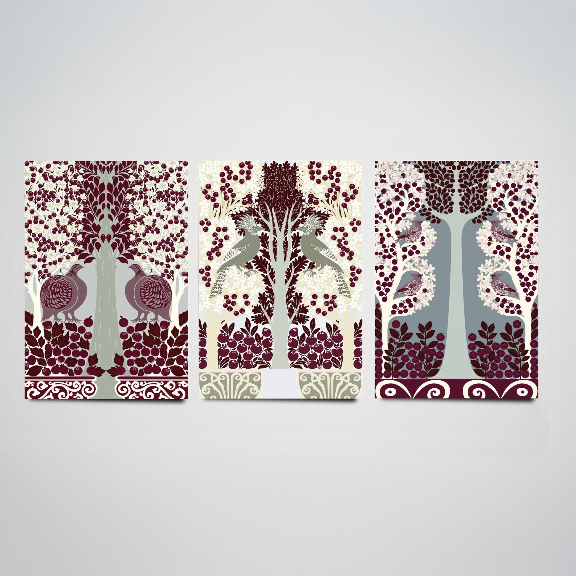 Scottish Book of the Woodlands Art Prints - Set of Three Burgundy & Sage Forest Posters - Partridge and Peacock Paintings V11