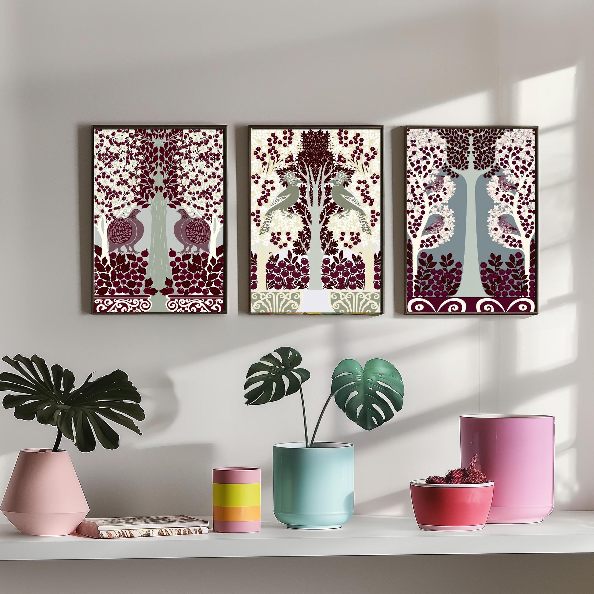 Scottish Book of the Woodlands Art Prints - Set of Three Burgundy & Sage Forest Posters - Partridge and Peacock Paintings V11