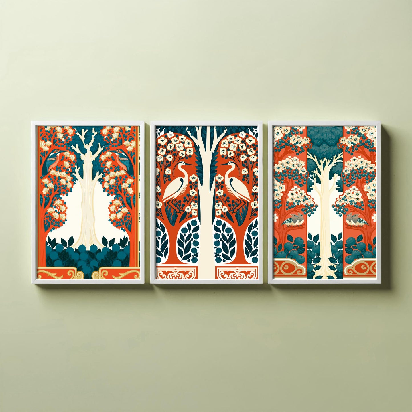 Scottish Book of the Woodlands Art Prints - Set of Three Orange & Teal Forest Posters - Heron and Robin Paintings V12