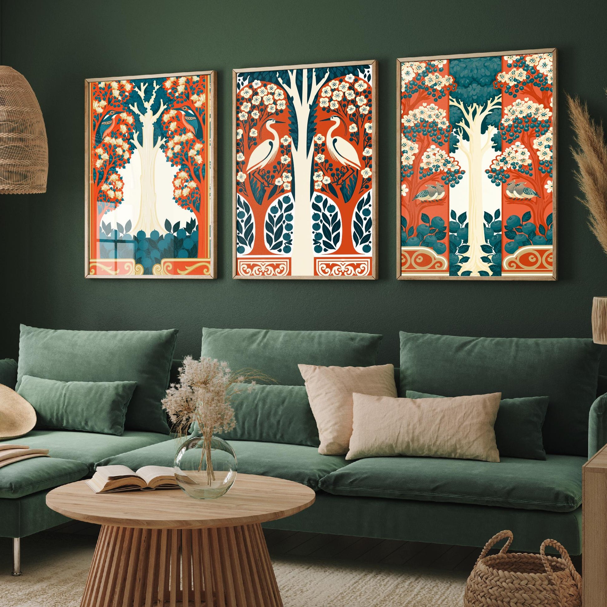 Scottish Book of the Woodlands Art Prints - Set of Three Orange & Teal Forest Posters - Heron and Robin Paintings V12