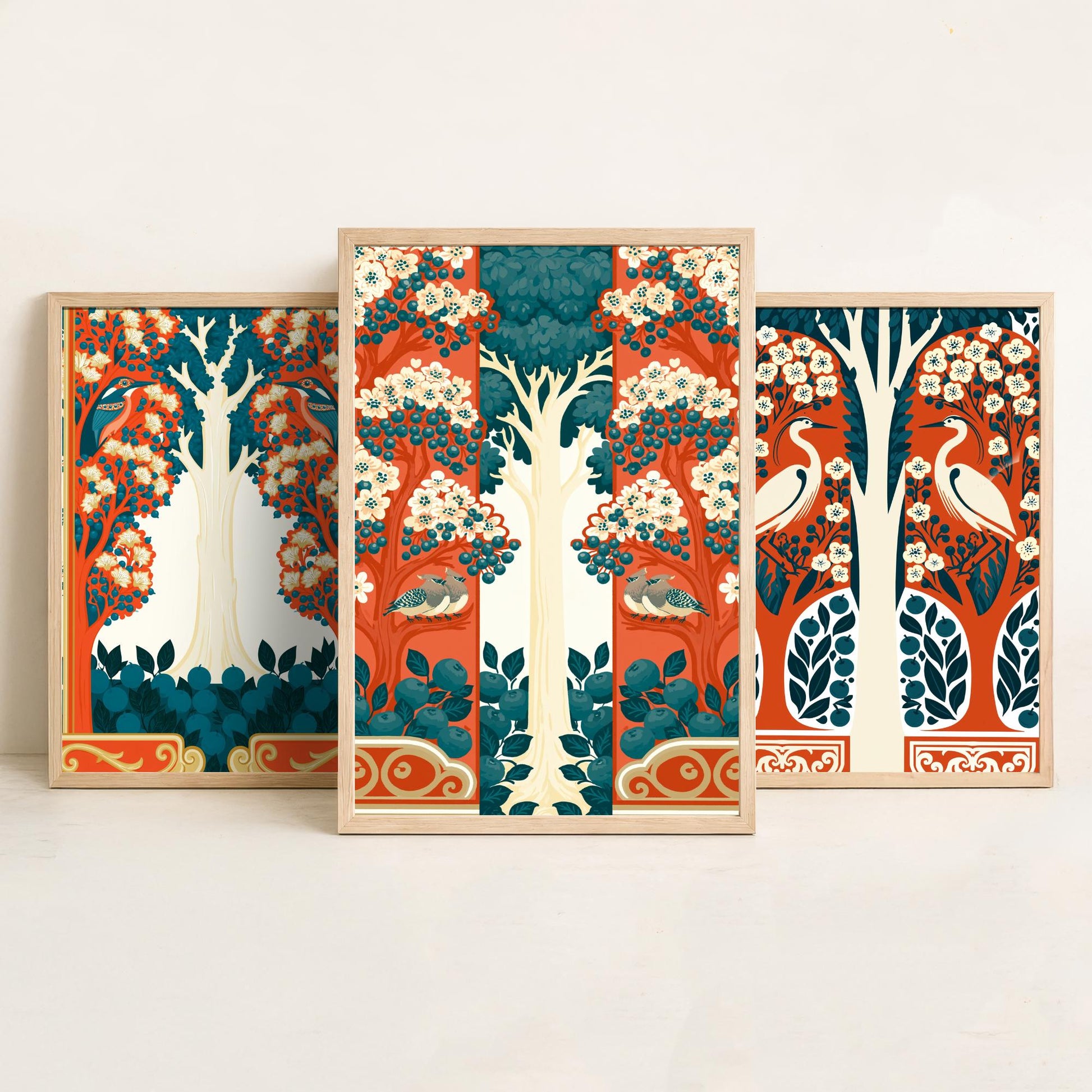 Scottish Book of the Woodlands Art Prints - Set of Three Orange & Teal Forest Posters - Heron and Robin Paintings V12