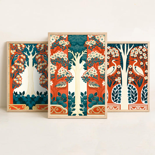 Scottish Book of the Woodlands Art Prints - Set of Three Orange & Teal Forest Posters - Heron and Robin Paintings V12