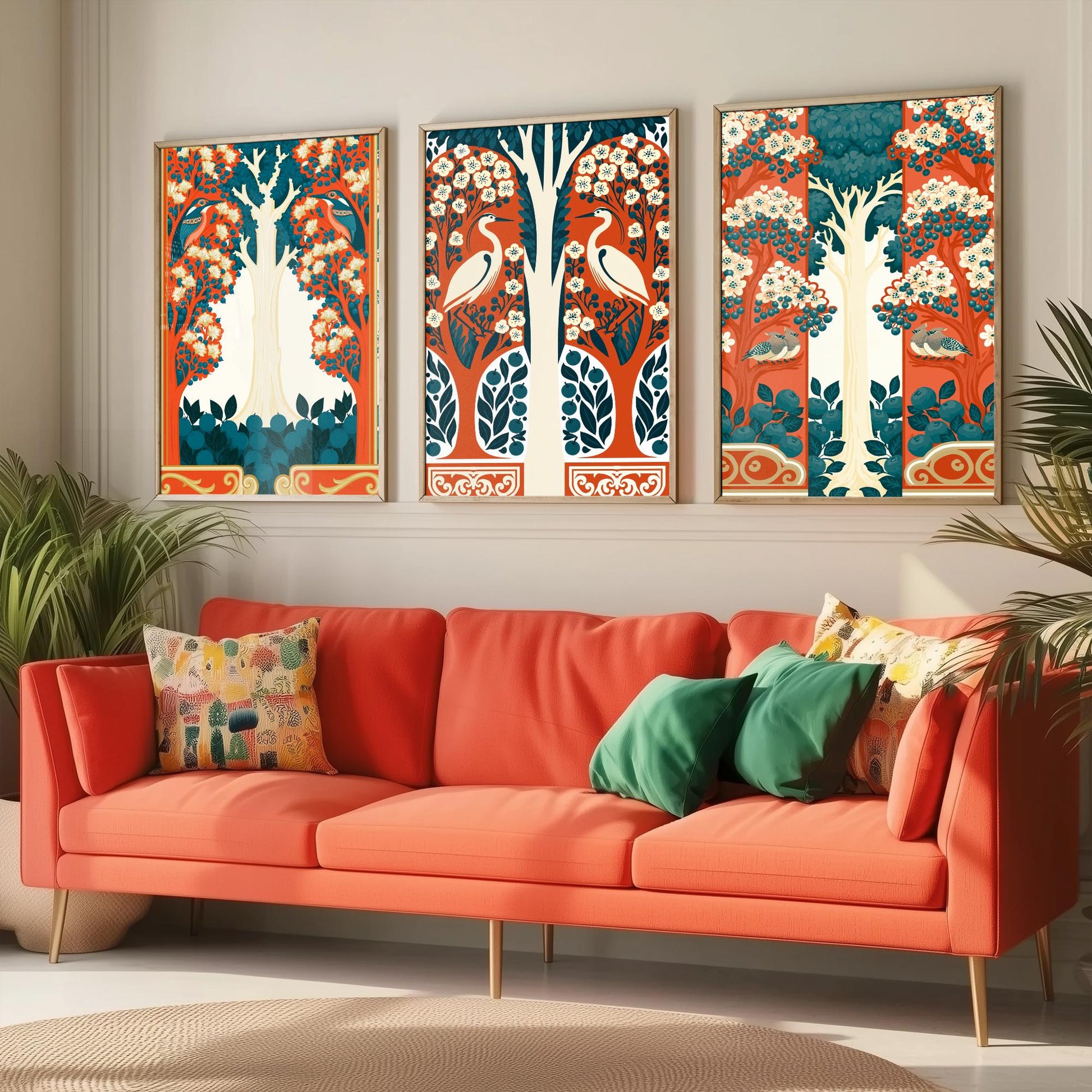 Scottish Book of the Woodlands Art Prints - Set of Three Orange & Teal Forest Posters - Heron and Robin Paintings V12