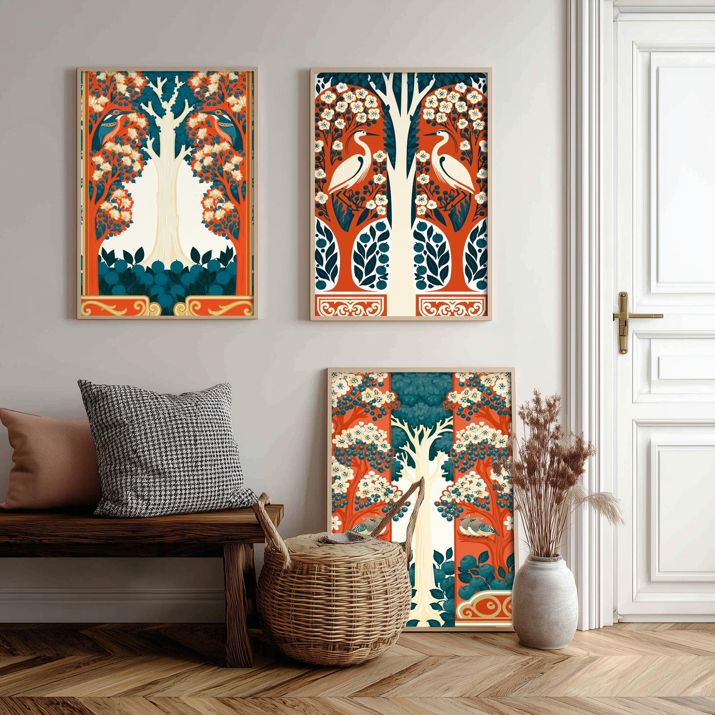 Scottish Book of the Woodlands Art Prints - Set of Three Orange & Teal Forest Posters - Heron and Robin Paintings V12