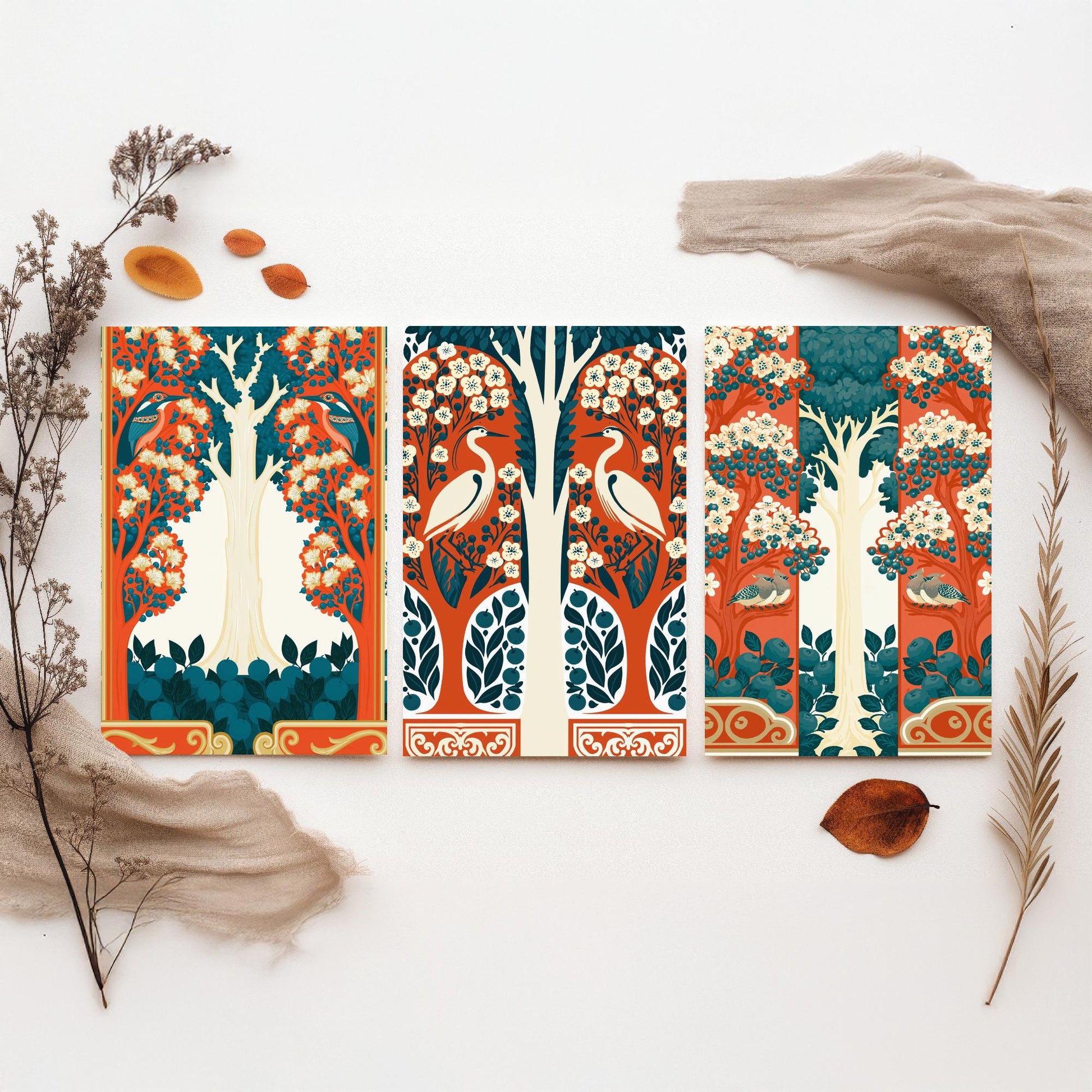 Scottish Book of the Woodlands Art Prints - Set of Three Orange & Teal Forest Posters - Heron and Robin Paintings V12