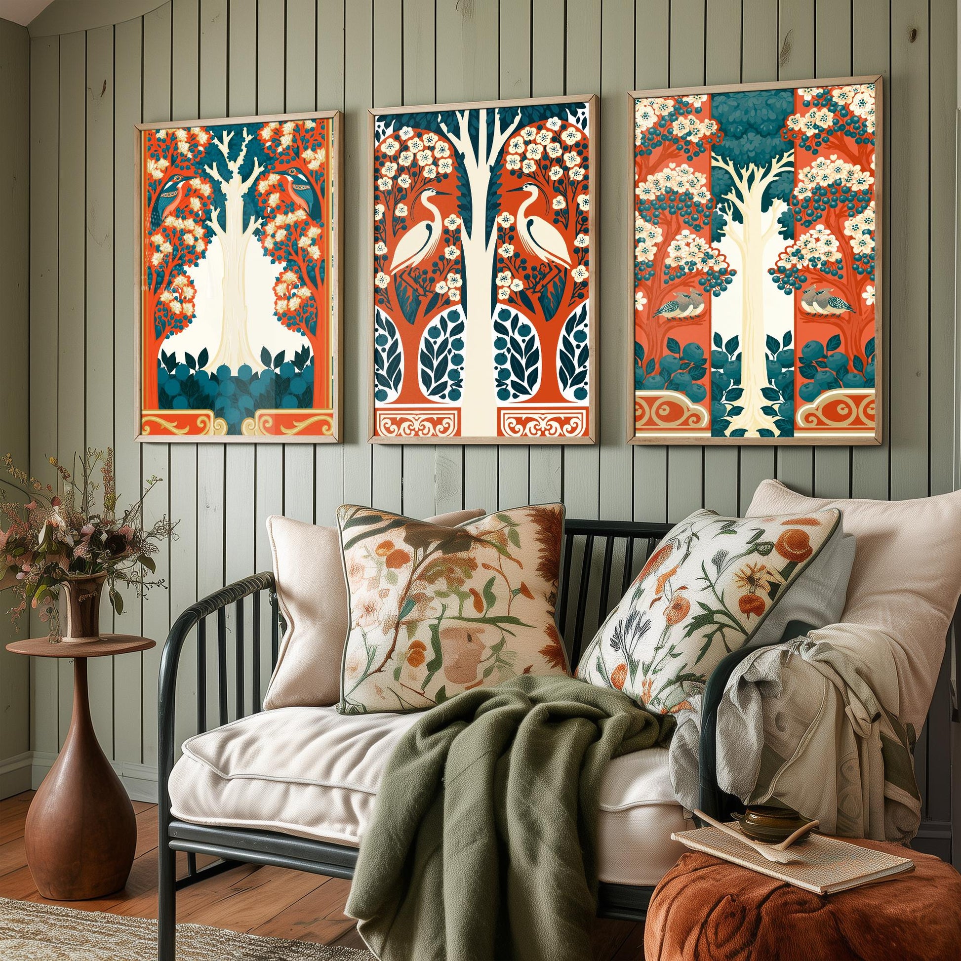 Scottish Book of the Woodlands Art Prints - Set of Three Orange & Teal Forest Posters - Heron and Robin Paintings V12