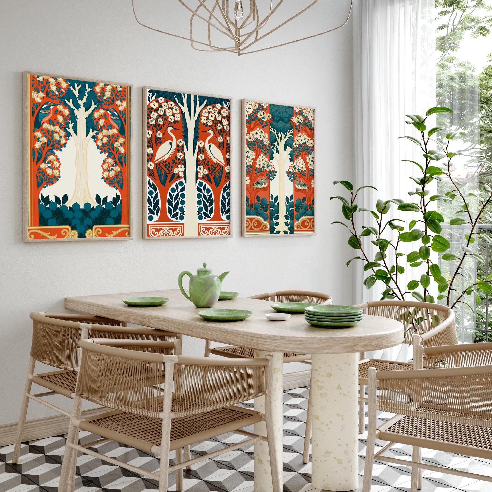 Scottish Book of the Woodlands Art Prints - Set of Three Orange & Teal Forest Posters - Heron and Robin Paintings V12