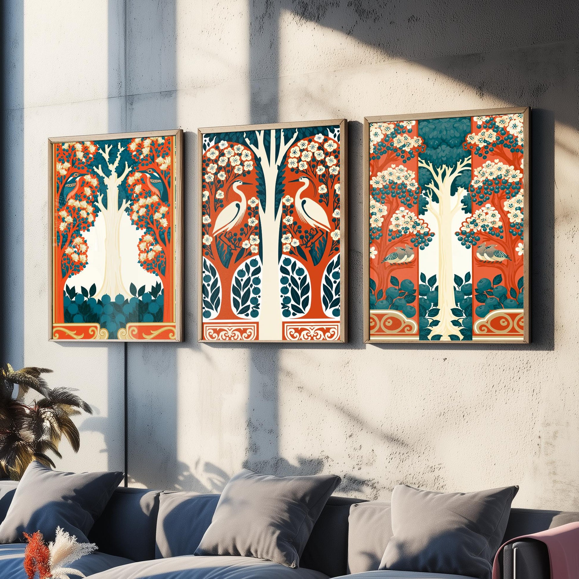 Scottish Book of the Woodlands Art Prints - Set of Three Orange & Teal Forest Posters - Heron and Robin Paintings V12
