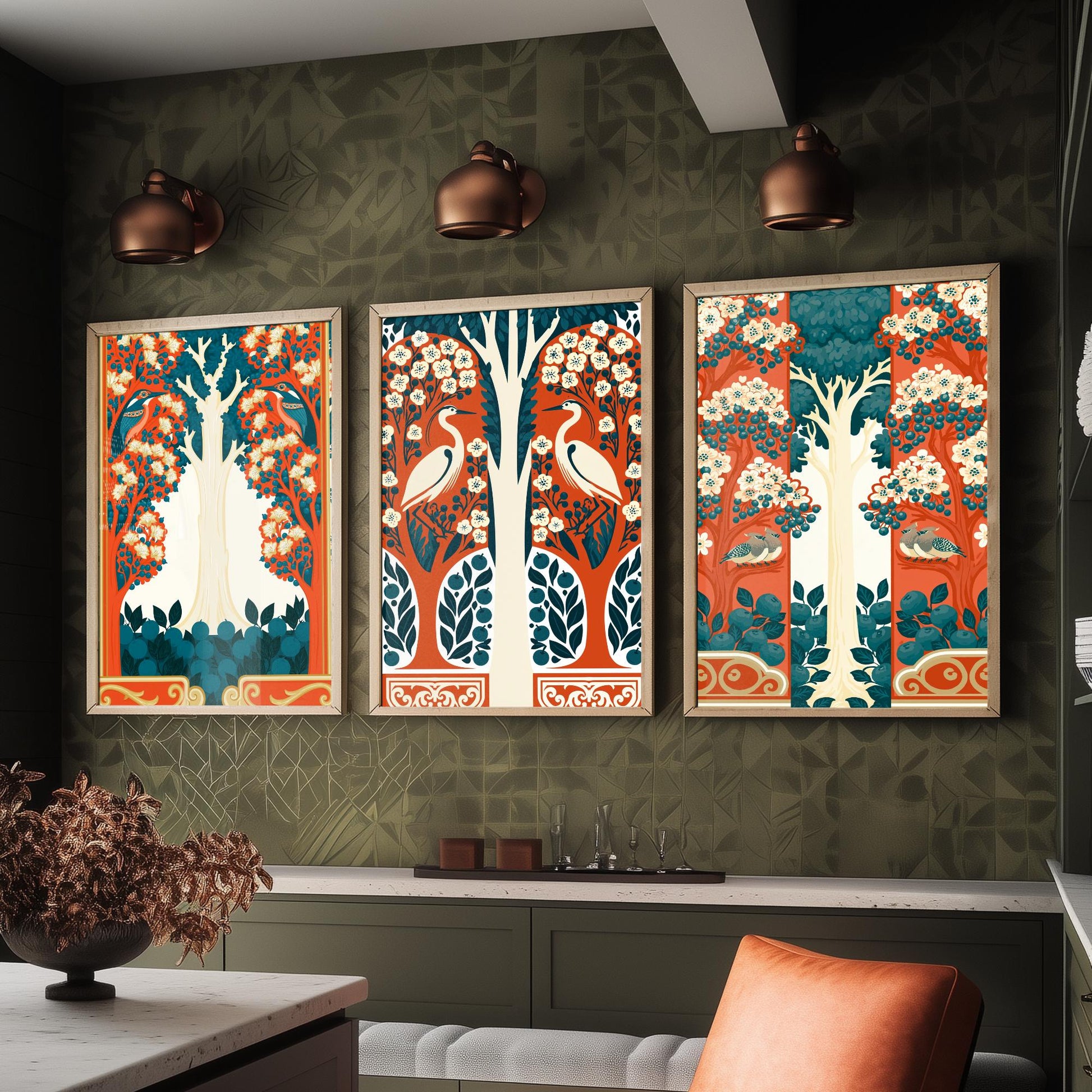 Scottish Book of the Woodlands Art Prints - Set of Three Orange & Teal Forest Posters - Heron and Robin Paintings V12