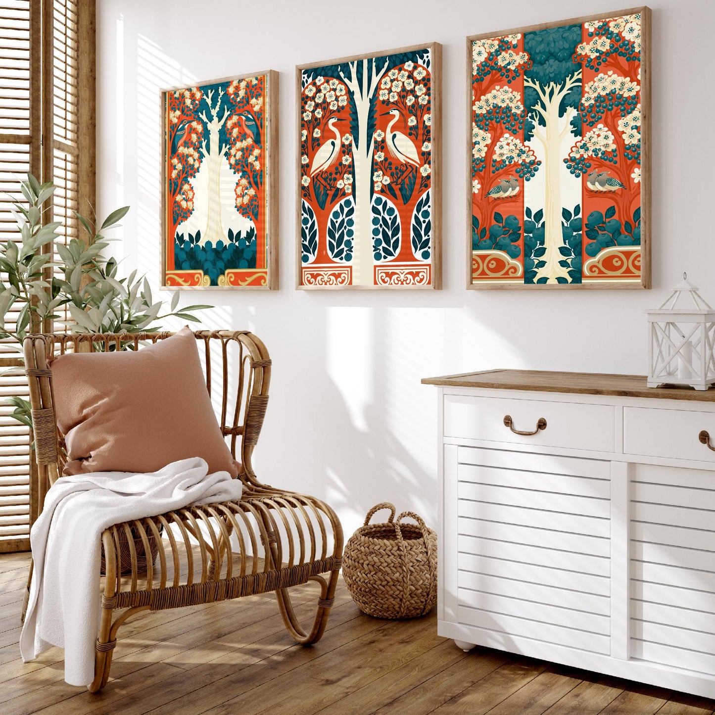 Scottish Book of the Woodlands Art Prints - Set of Three Orange & Teal Forest Posters - Heron and Robin Paintings V12