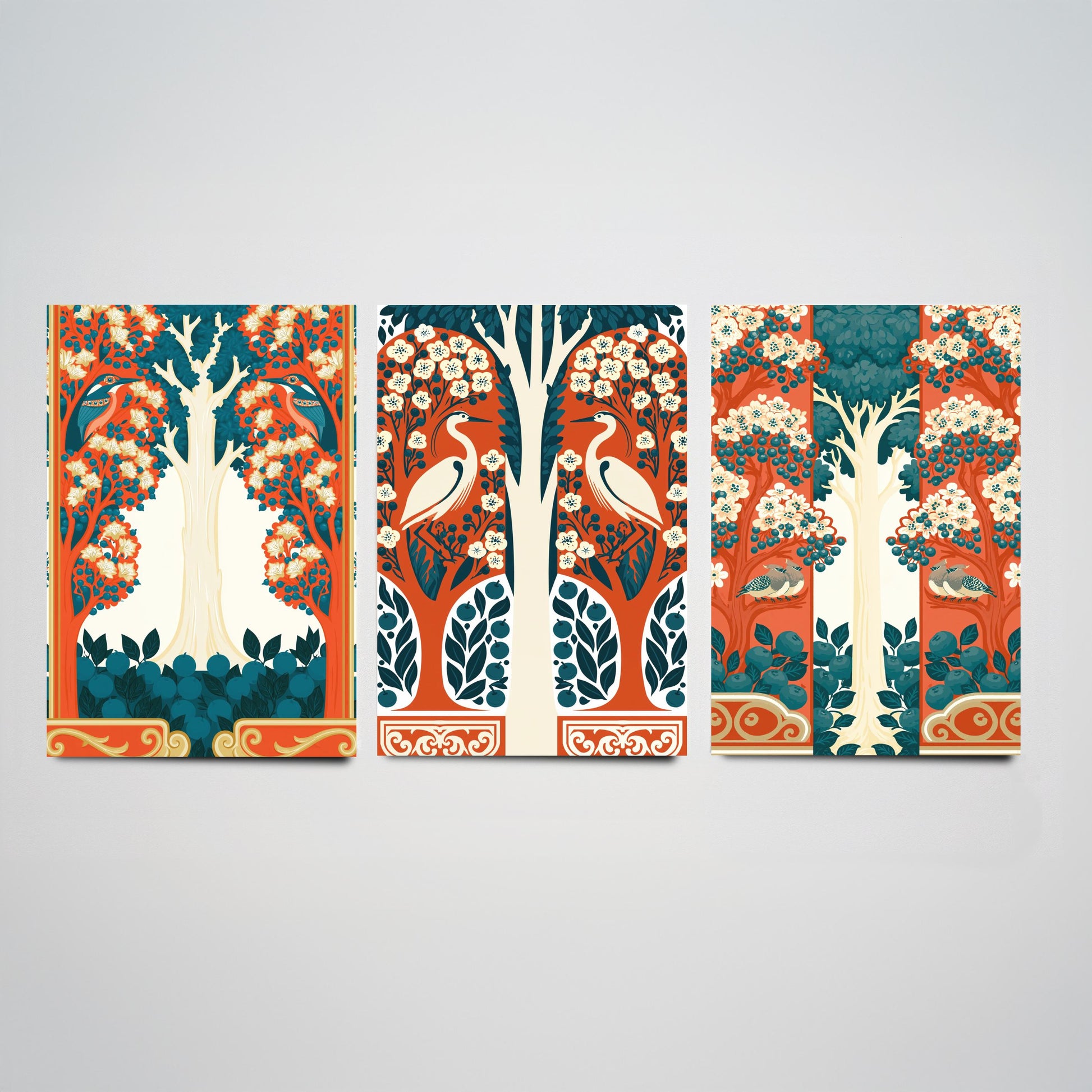 Scottish Book of the Woodlands Art Prints - Set of Three Orange & Teal Forest Posters - Heron and Robin Paintings V12
