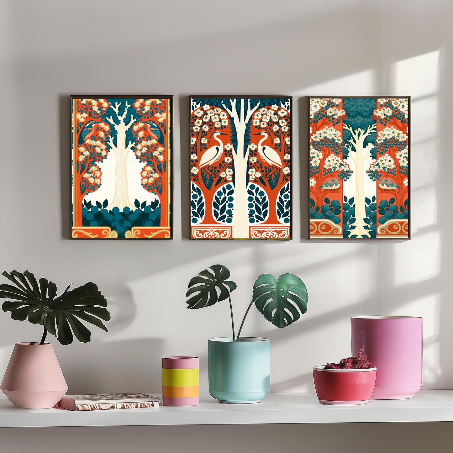Scottish Book of the Woodlands Art Prints - Set of Three Orange & Teal Forest Posters - Heron and Robin Paintings V12