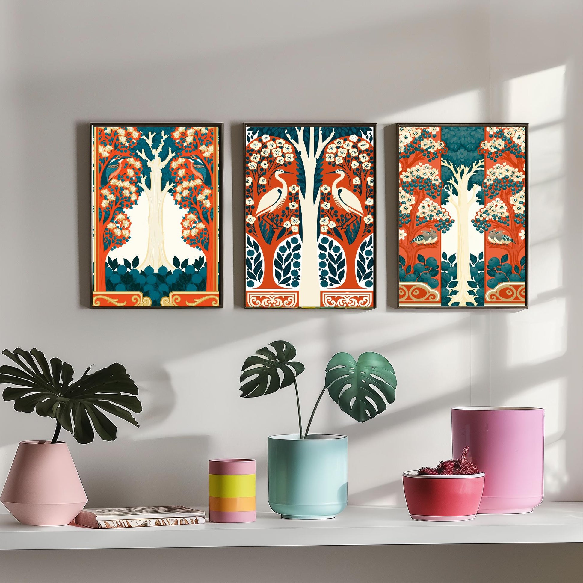 Scottish Book of the Woodlands Art Prints - Set of Three Orange & Teal Forest Posters - Heron and Robin Paintings V12