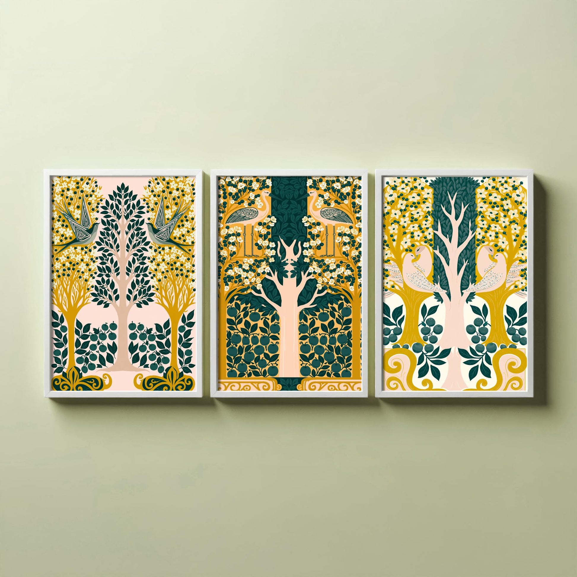 Scottish Book of the Woodlands Art Prints - Set of Three Pink & Green Forest Posters - Swallow and Dove Paintings V13
