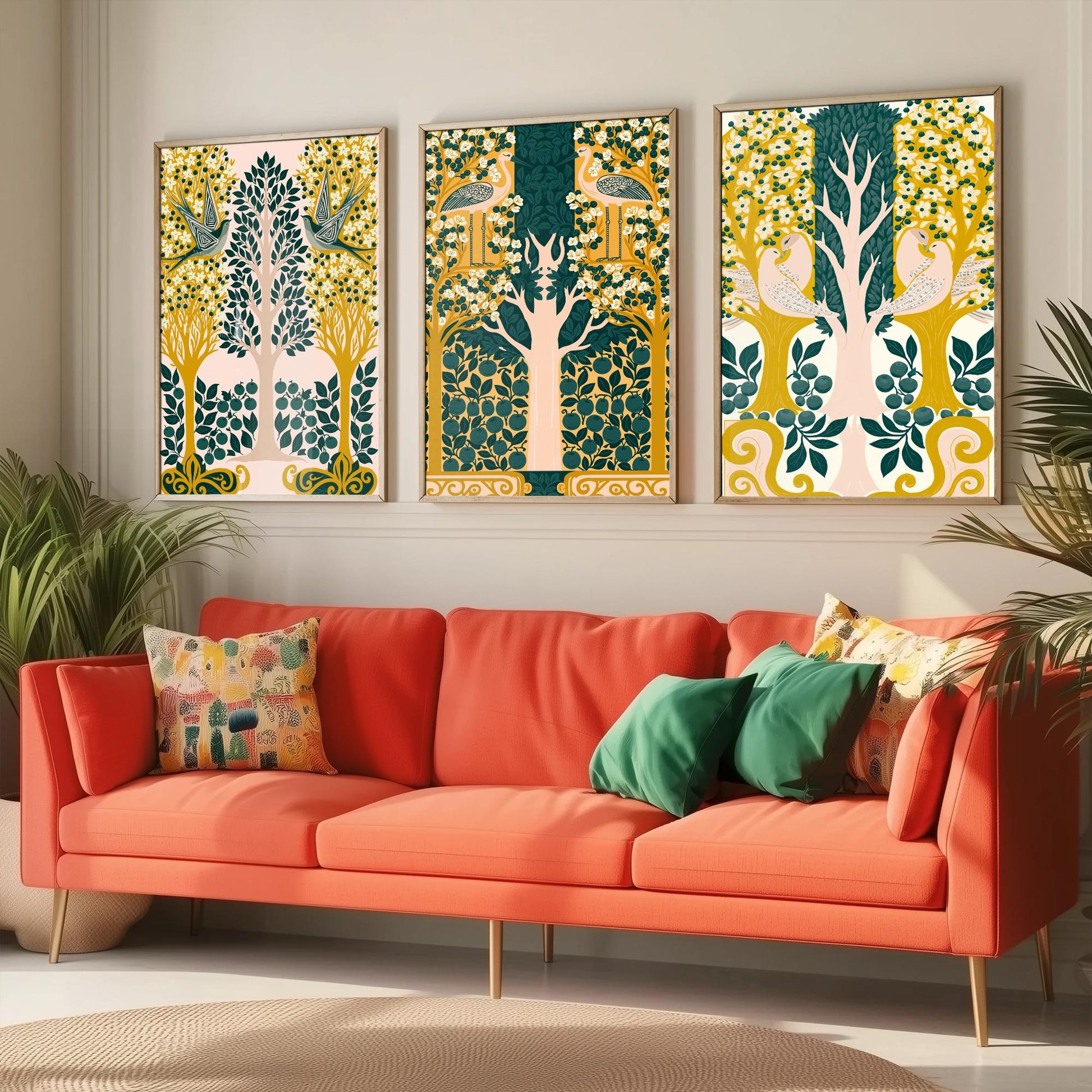 Scottish Book of the Woodlands Art Prints - Set of Three Pink & Green Forest Posters - Swallow and Dove Paintings V13