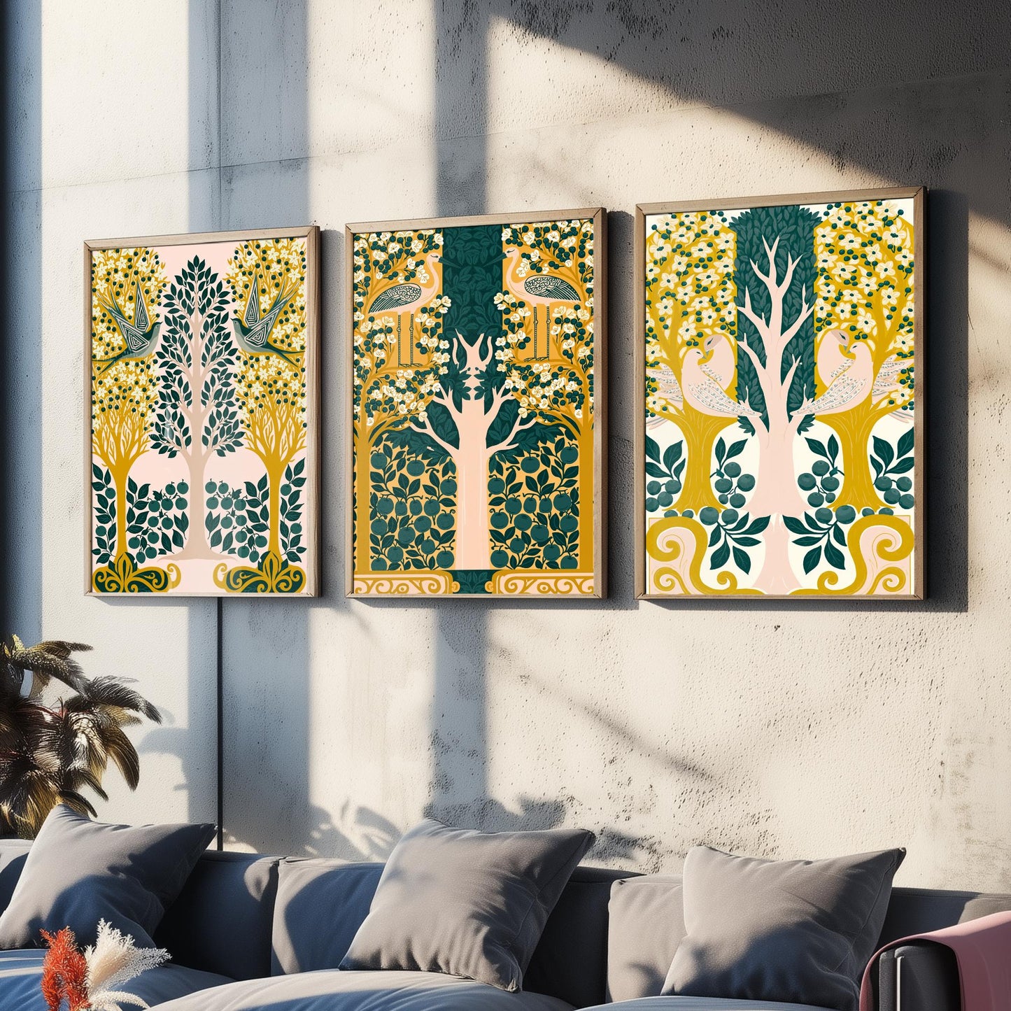 Scottish Book of the Woodlands Art Prints - Set of Three Pink & Green Forest Posters - Swallow and Dove Paintings V13
