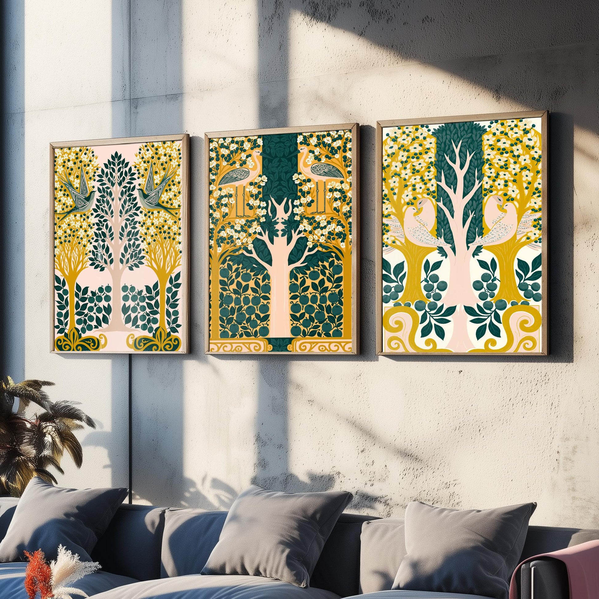 Scottish Book of the Woodlands Art Prints - Set of Three Pink & Green Forest Posters - Swallow and Dove Paintings V13