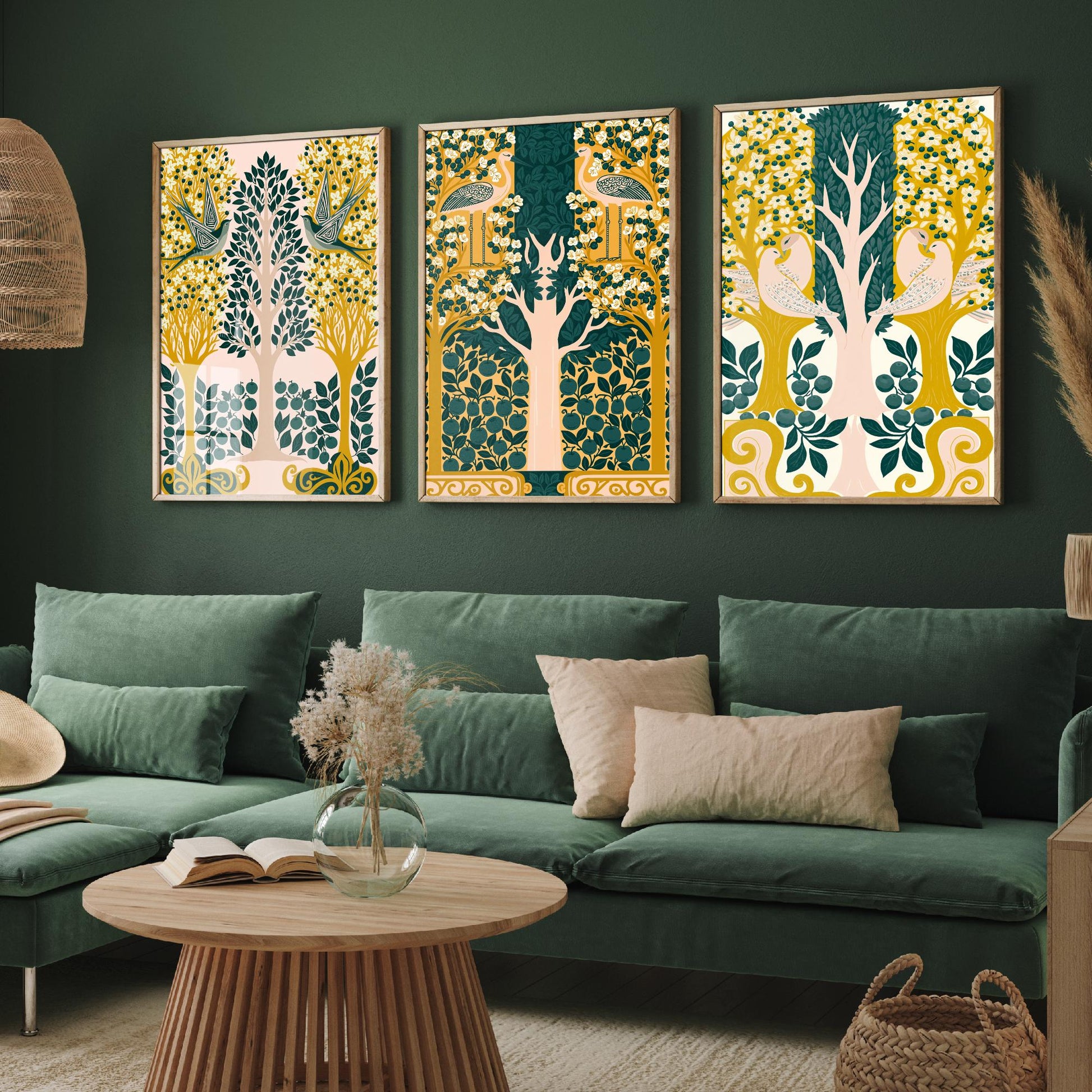 Scottish Book of the Woodlands Art Prints - Set of Three Pink & Green Forest Posters - Swallow and Dove Paintings V13
