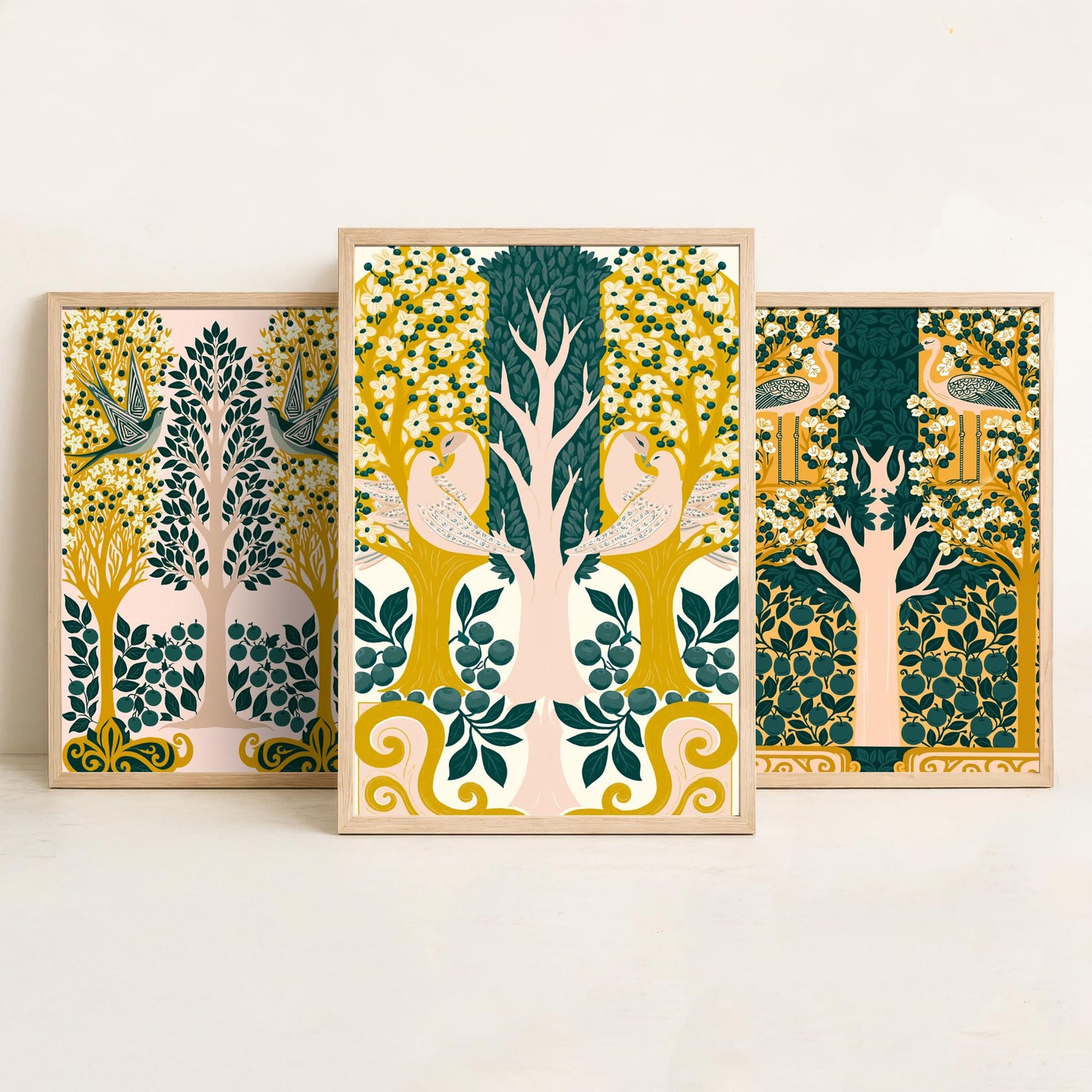 Scottish Book of the Woodlands Art Prints - Set of Three Pink & Green Forest Posters - Swallow and Dove Paintings V13