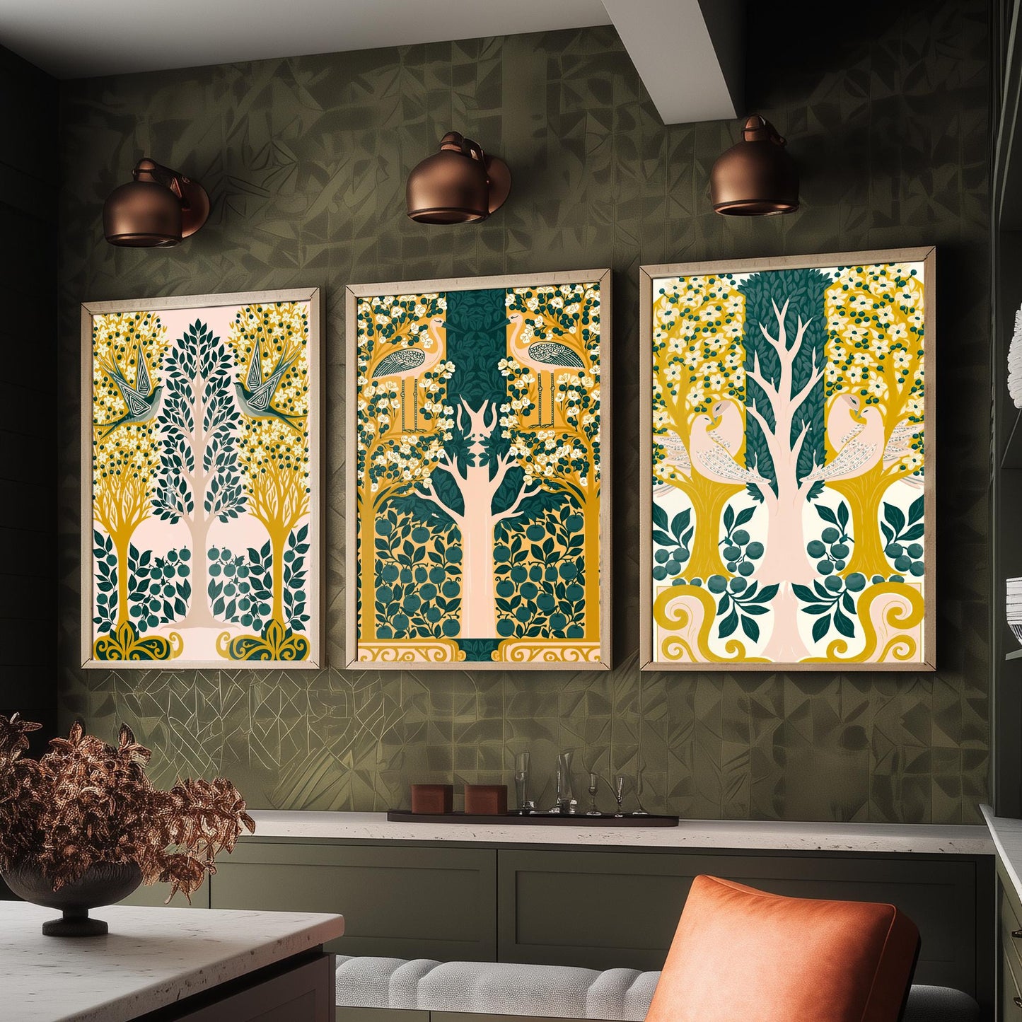Scottish Book of the Woodlands Art Prints - Set of Three Pink & Green Forest Posters - Swallow and Dove Paintings V13