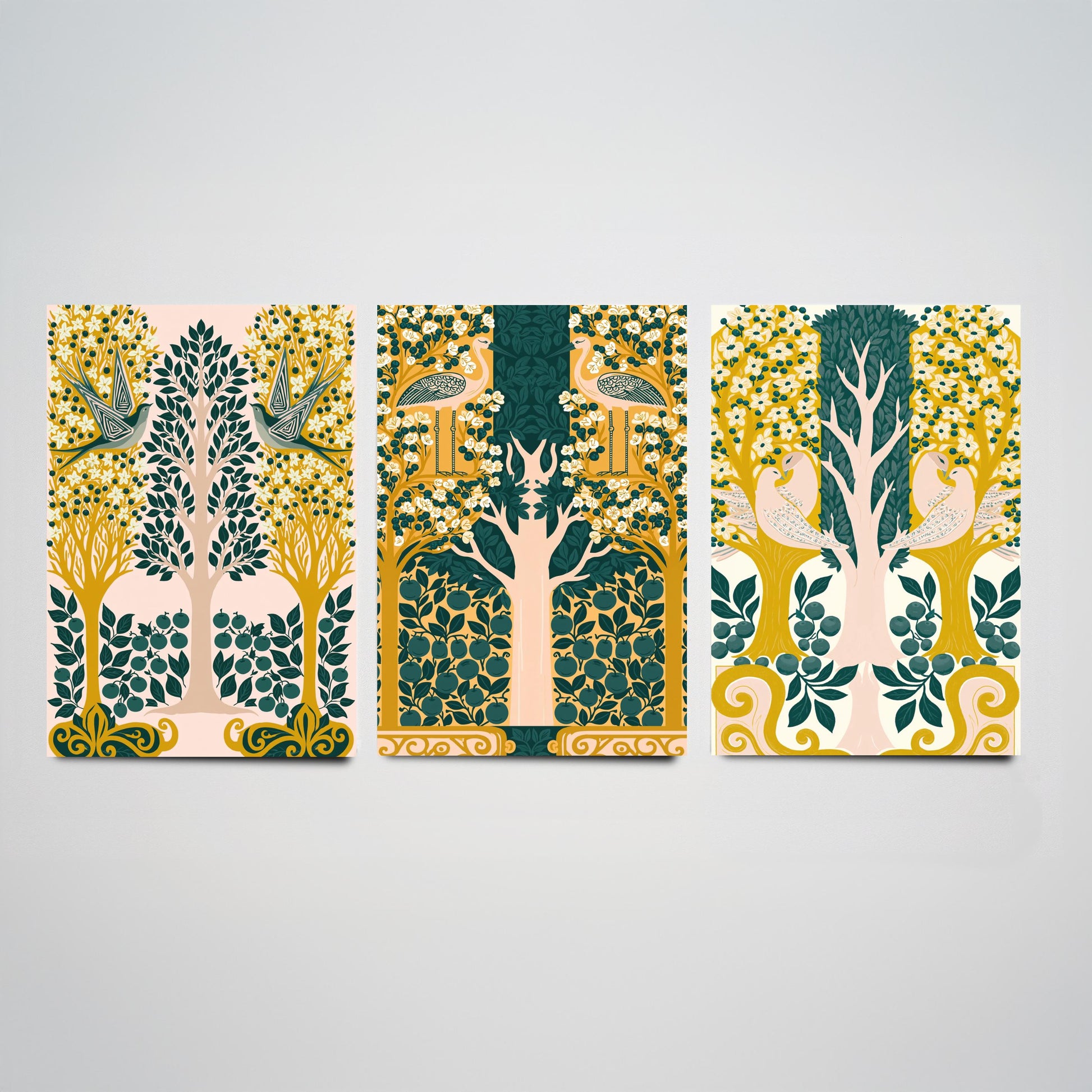 Scottish Book of the Woodlands Art Prints - Set of Three Pink & Green Forest Posters - Swallow and Dove Paintings V13