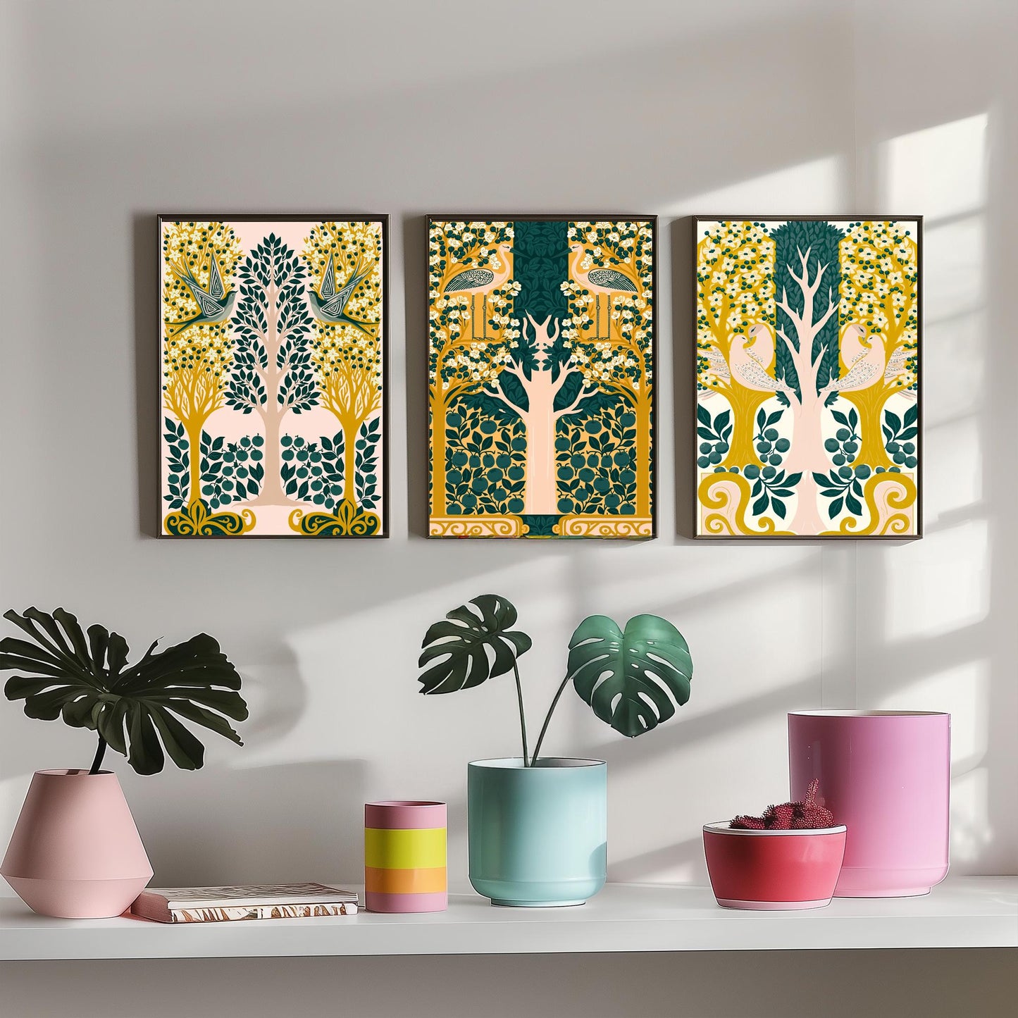Scottish Book of the Woodlands Art Prints - Set of Three Pink & Green Forest Posters - Swallow and Dove Paintings V13