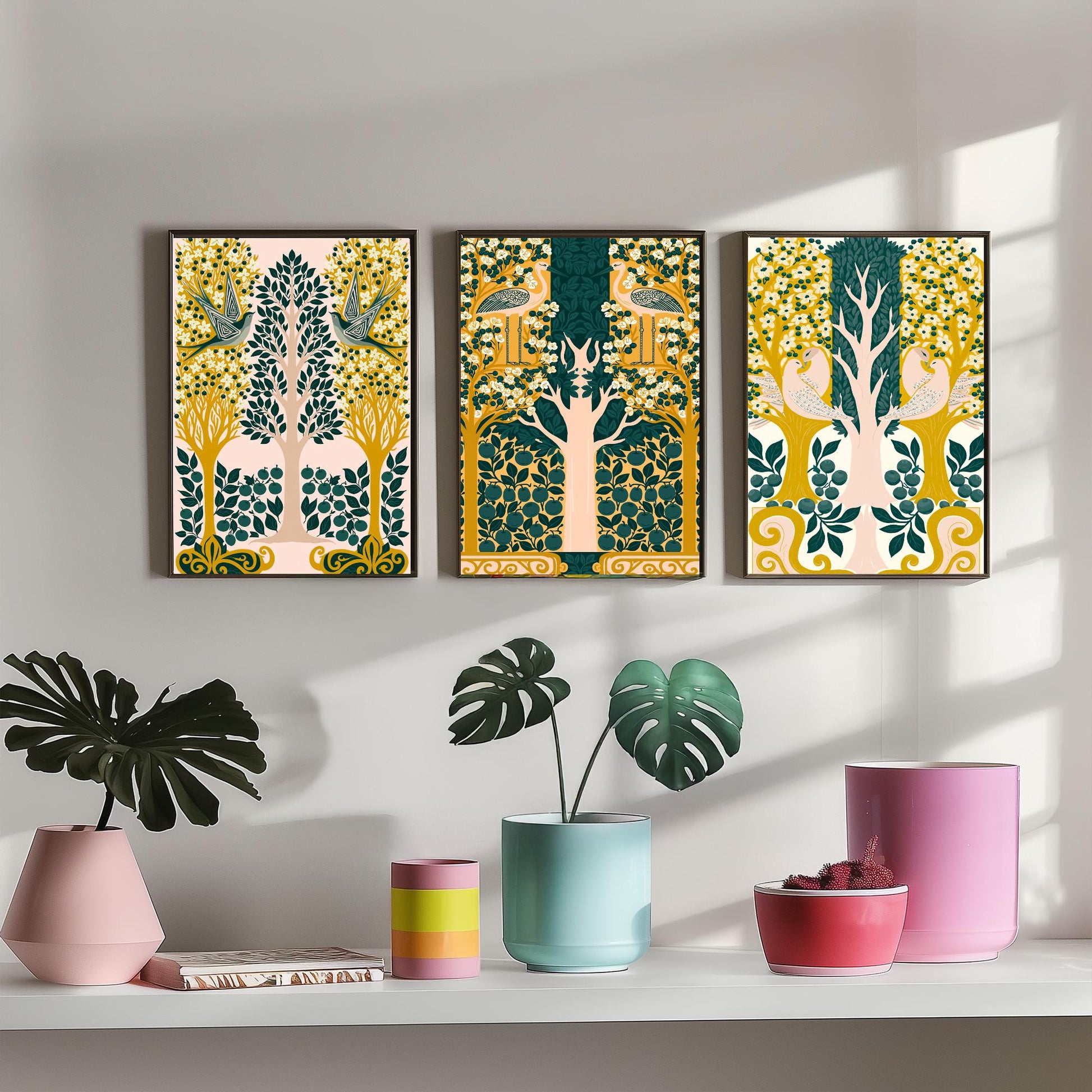 Scottish Book of the Woodlands Art Prints - Set of Three Pink & Green Forest Posters - Swallow and Dove Paintings V13