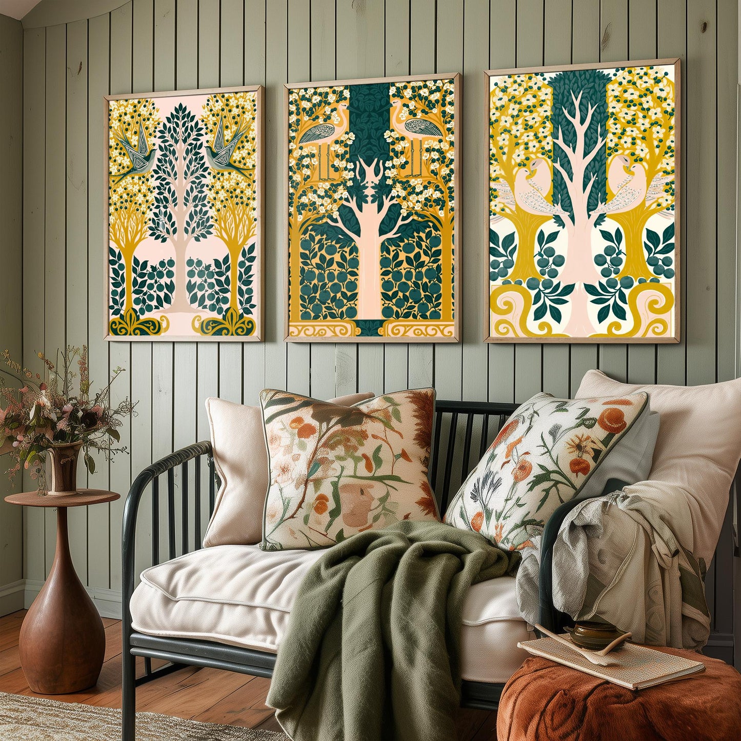 Scottish Book of the Woodlands Art Prints - Set of Three Pink & Green Forest Posters - Swallow and Dove Paintings V13