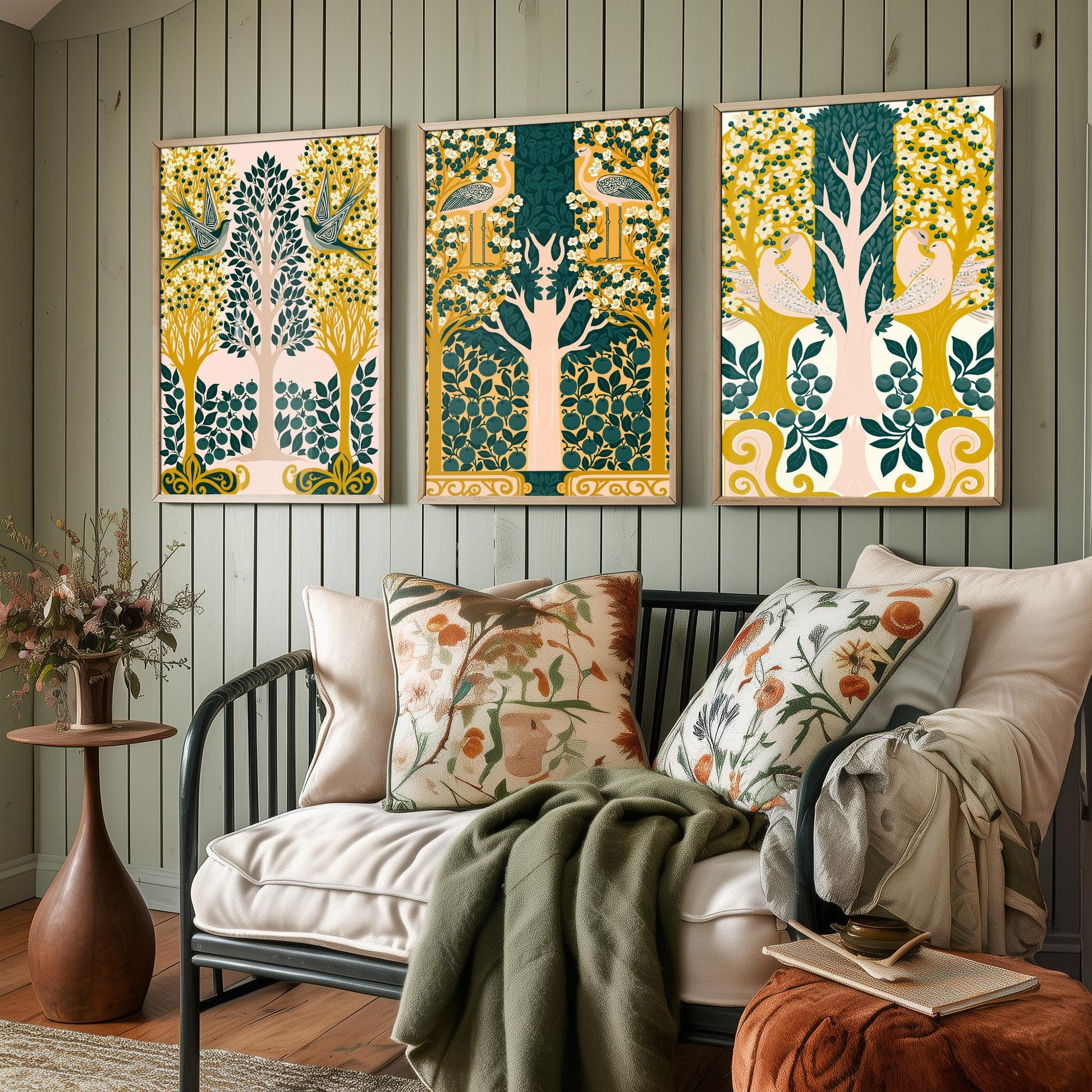 Scottish Book of the Woodlands Art Prints - Set of Three Pink & Green Forest Posters - Swallow and Dove Paintings V13