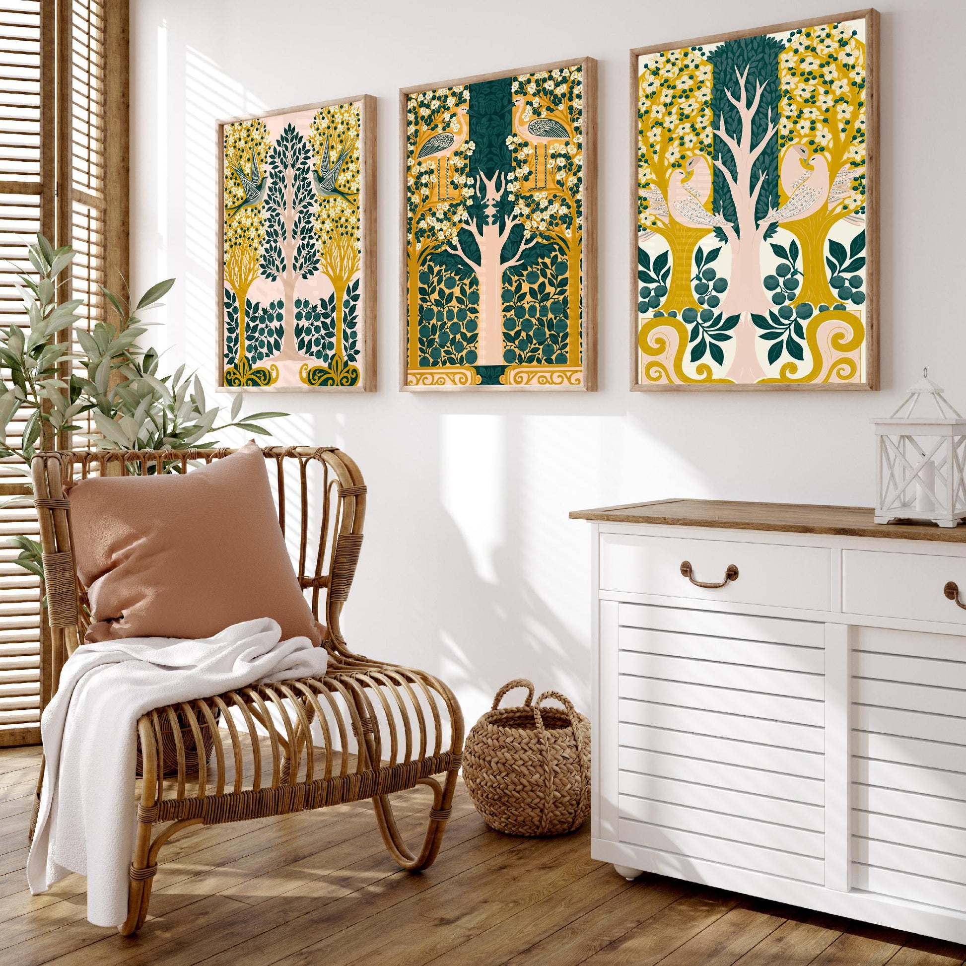 Scottish Book of the Woodlands Art Prints - Set of Three Pink & Green Forest Posters - Swallow and Dove Paintings V13