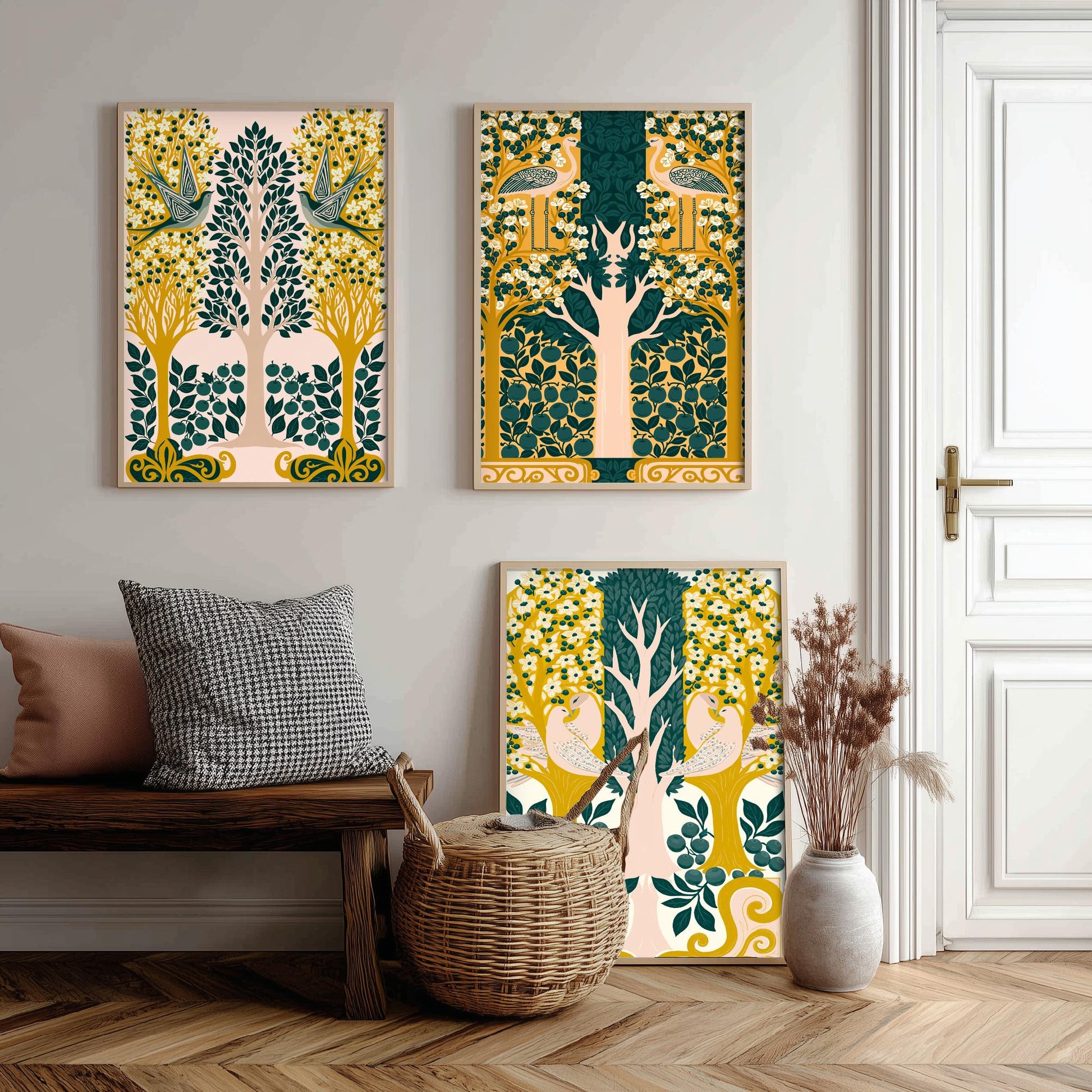 Scottish Book of the Woodlands Art Prints - Set of Three Pink & Green Forest Posters - Swallow and Dove Paintings V13