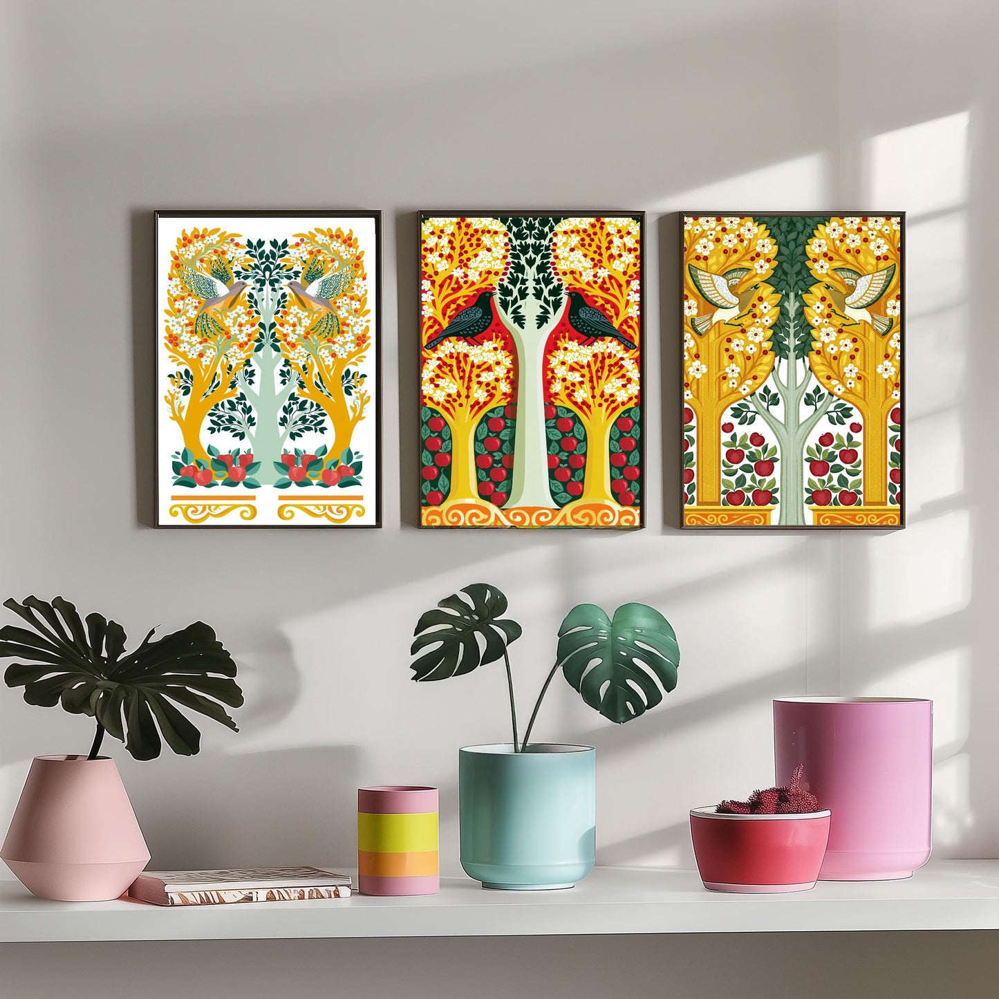 Scottish Book of the Woodlands Art Prints - Set of Three Gold & Red Forest Posters - Woodpecker and Dove Paintings V14