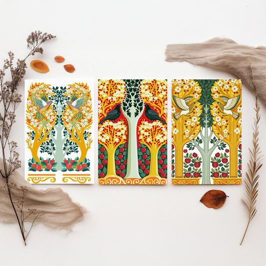 Scottish Book of the Woodlands Art Prints - Set of Three Gold & Red Forest Posters - Woodpecker and Dove Paintings V14