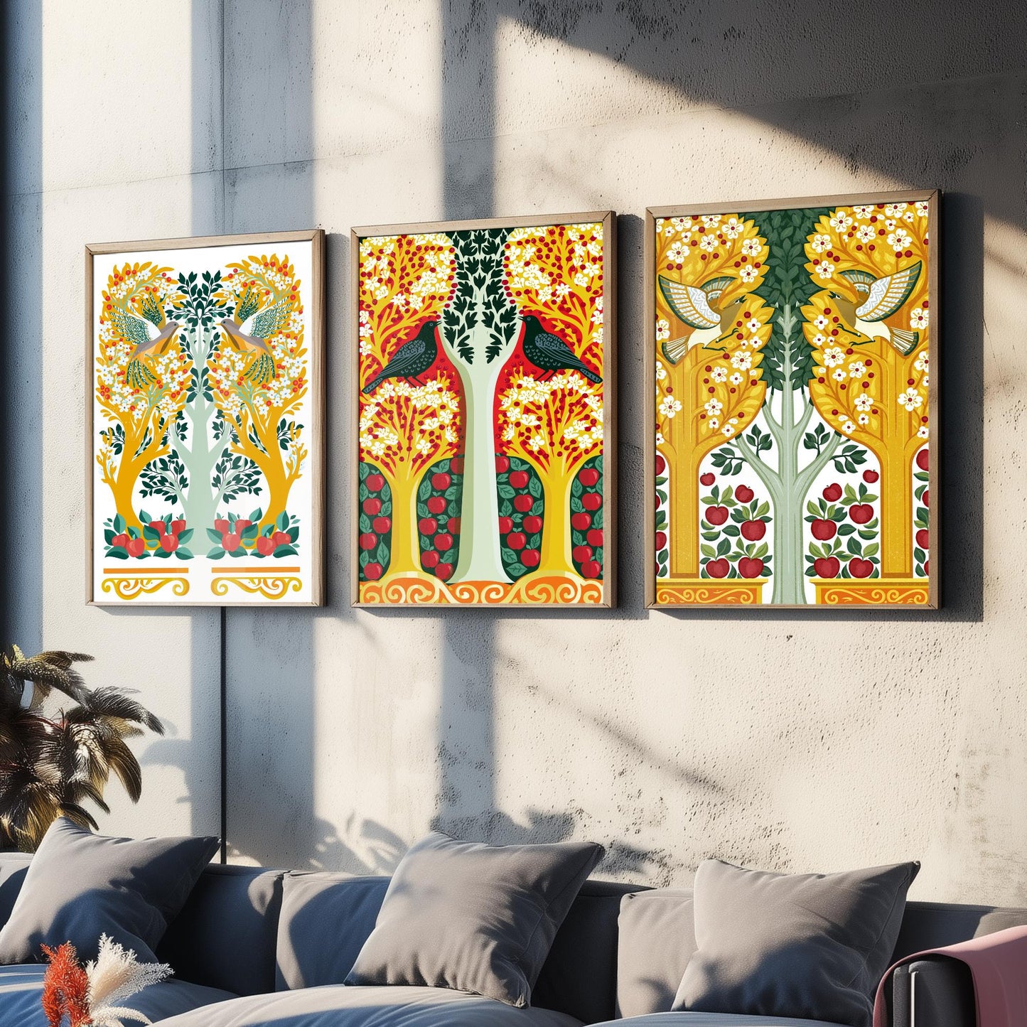 Scottish Book of the Woodlands Art Prints - Set of Three Gold & Red Forest Posters - Woodpecker and Dove Paintings V14