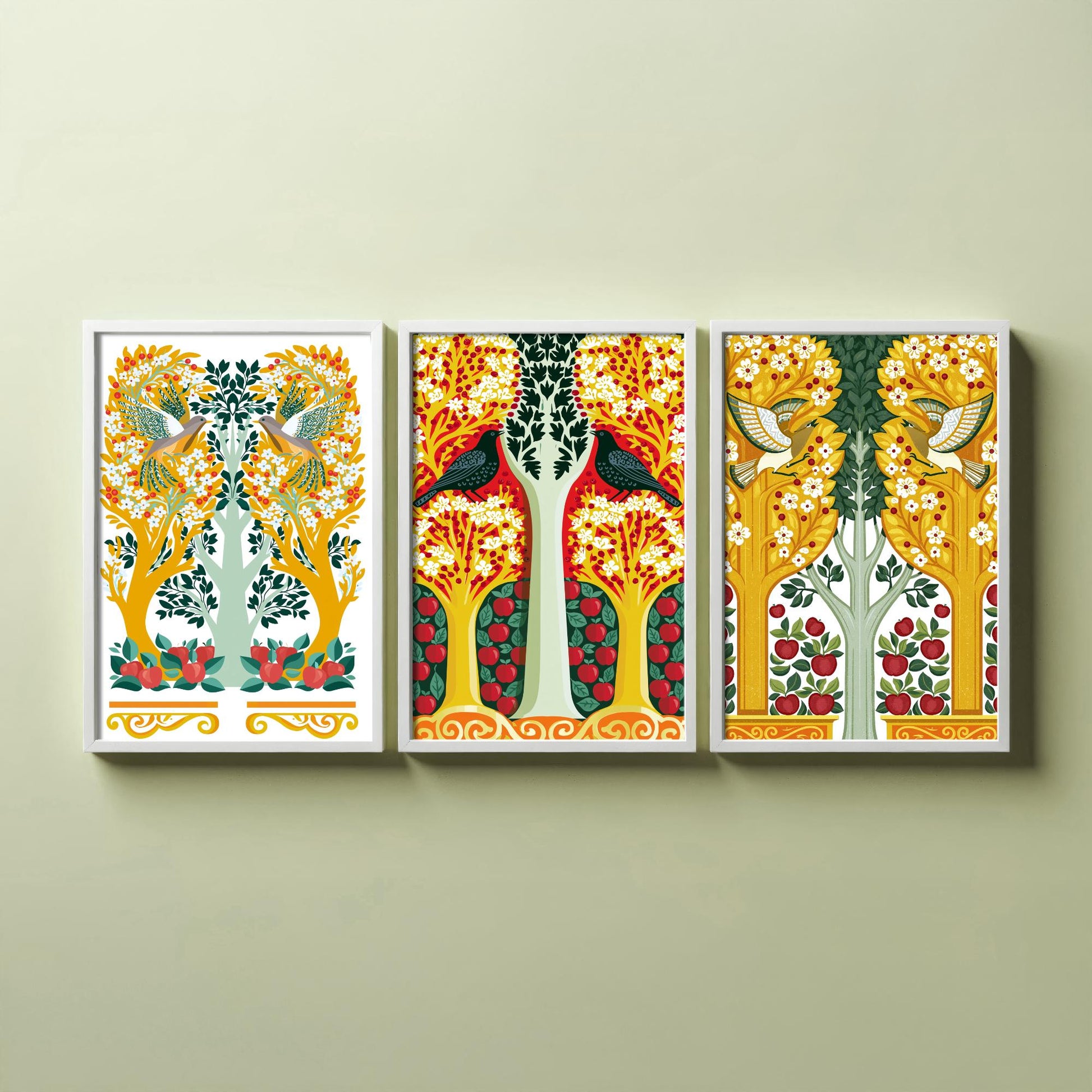 Scottish Book of the Woodlands Art Prints - Set of Three Gold & Red Forest Posters - Woodpecker and Dove Paintings V14
