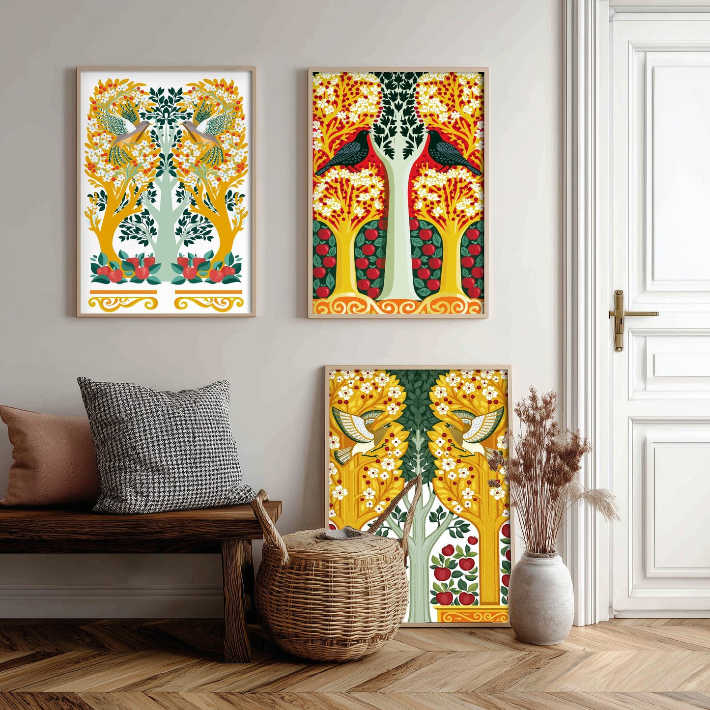 Scottish Book of the Woodlands Art Prints - Set of Three Gold & Red Forest Posters - Woodpecker and Dove Paintings V14
