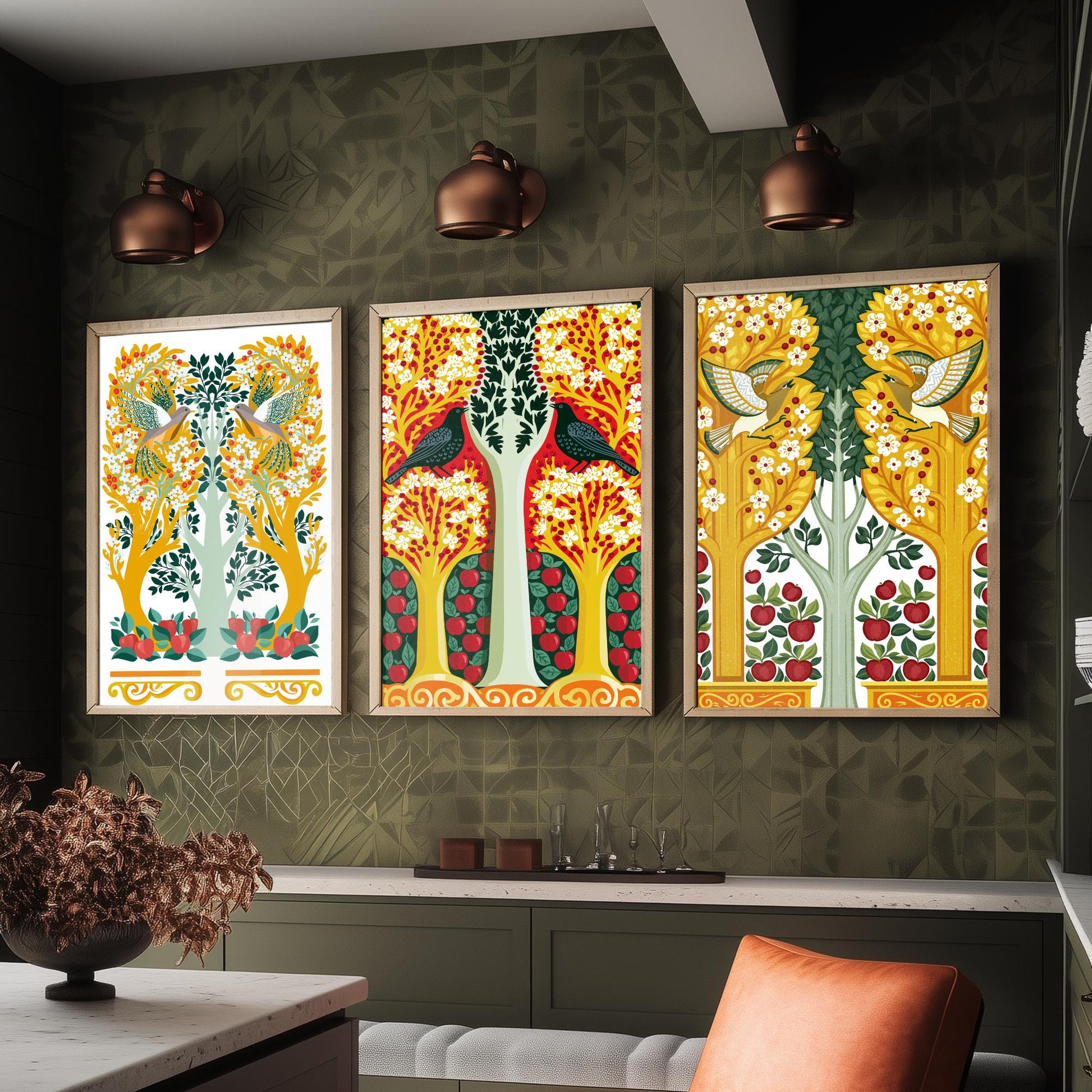 Scottish Book of the Woodlands Art Prints - Set of Three Gold & Red Forest Posters - Woodpecker and Dove Paintings V14