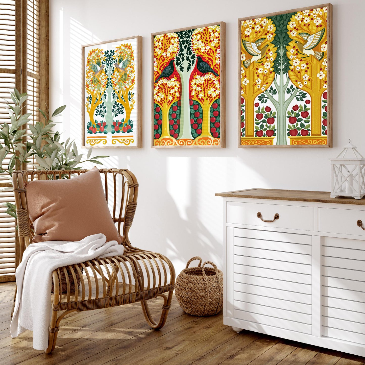Scottish Book of the Woodlands Art Prints - Set of Three Gold & Red Forest Posters - Woodpecker and Dove Paintings V14
