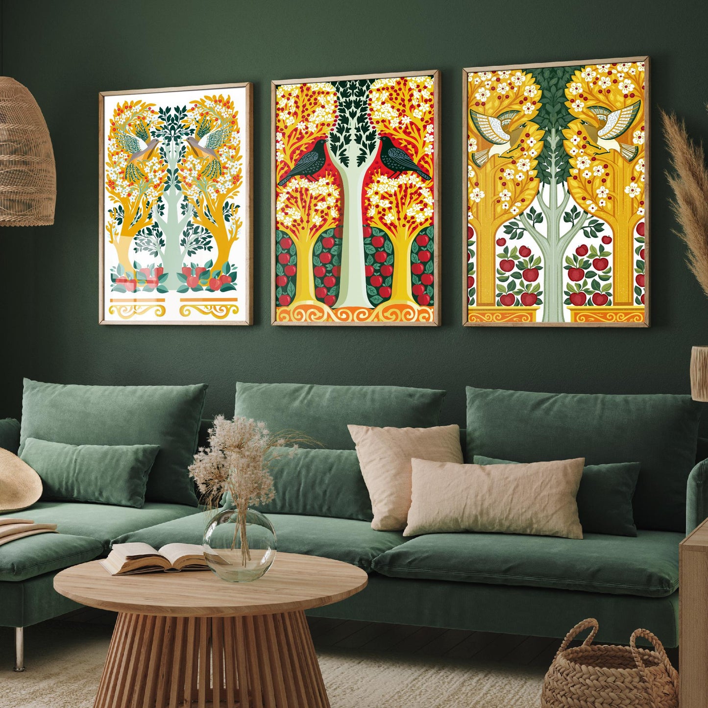 Scottish Book of the Woodlands Art Prints - Set of Three Gold & Red Forest Posters - Woodpecker and Dove Paintings V14