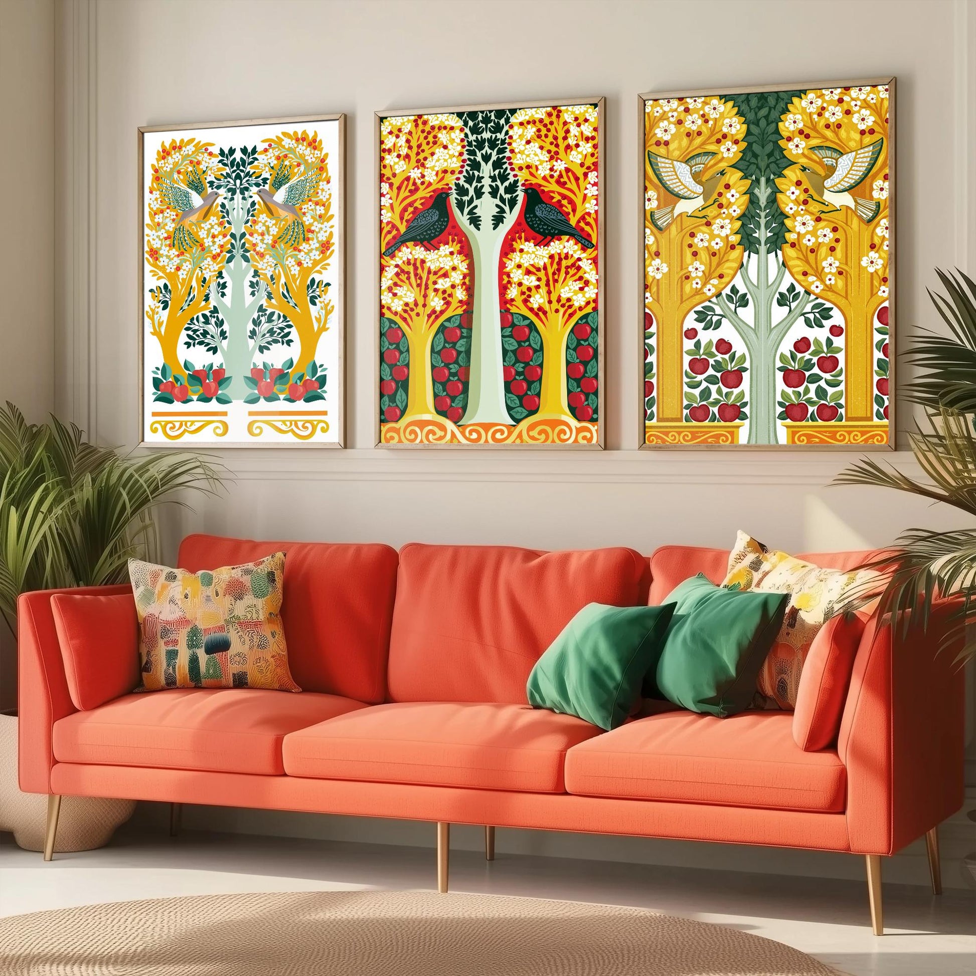Scottish Book of the Woodlands Art Prints - Set of Three Gold & Red Forest Posters - Woodpecker and Dove Paintings V14