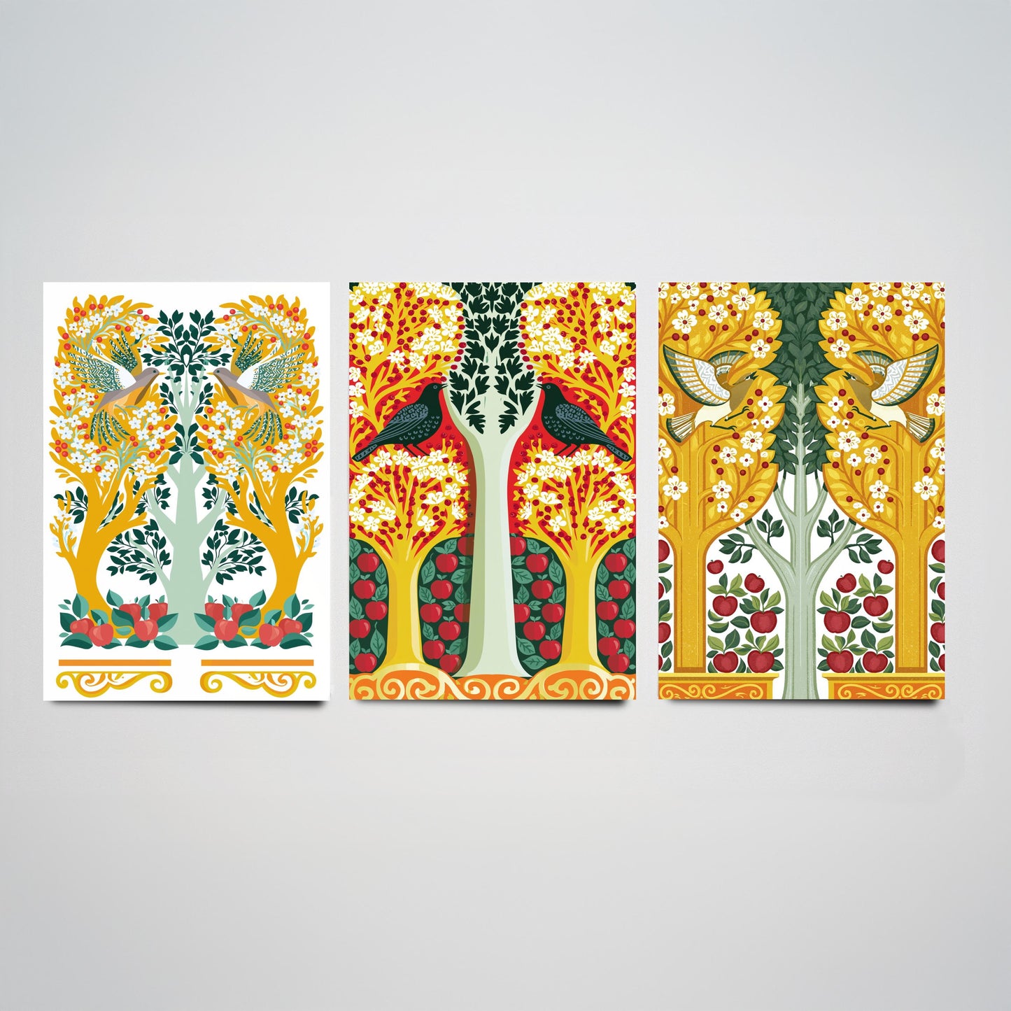 Scottish Book of the Woodlands Art Prints - Set of Three Gold & Red Forest Posters - Woodpecker and Dove Paintings V14