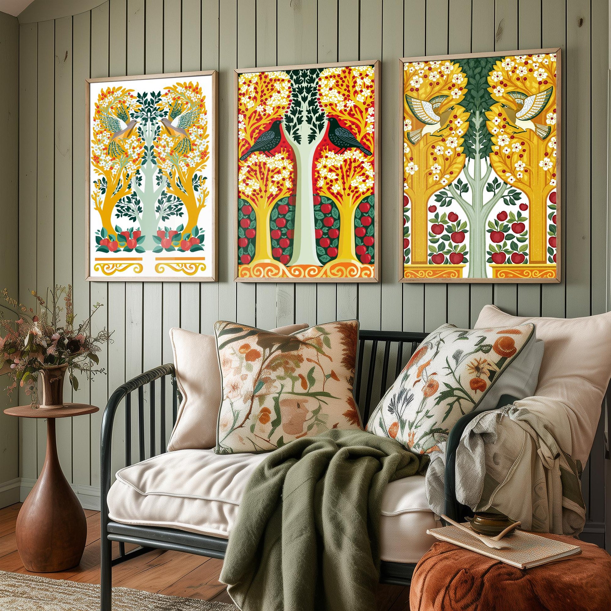 Scottish Book of the Woodlands Art Prints - Set of Three Gold & Red Forest Posters - Woodpecker and Dove Paintings V14